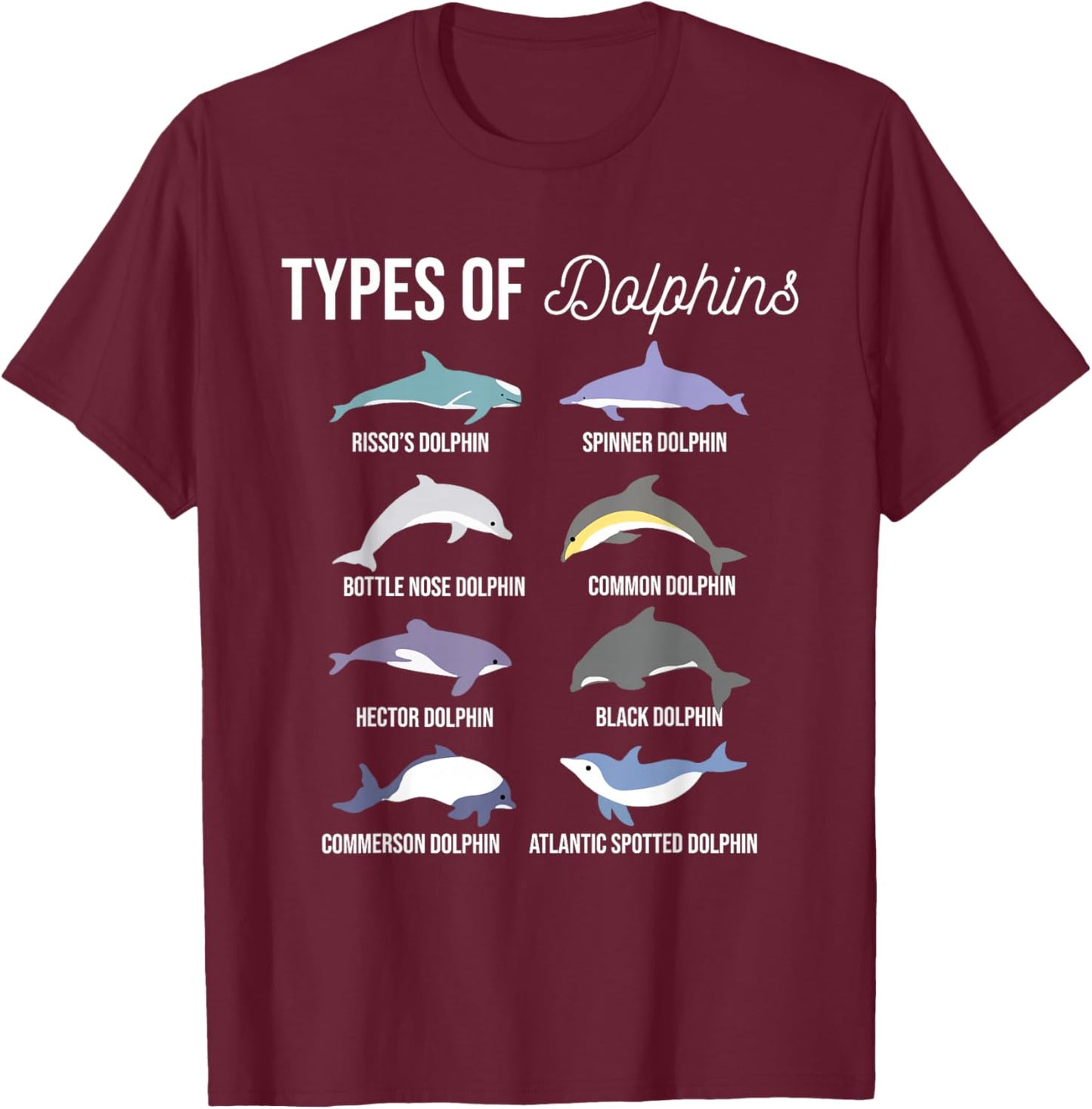Types Of Dolphins - Sea Animal Lover Zoologist Zookeeper T-Shirt - T-Shirt | Maroon