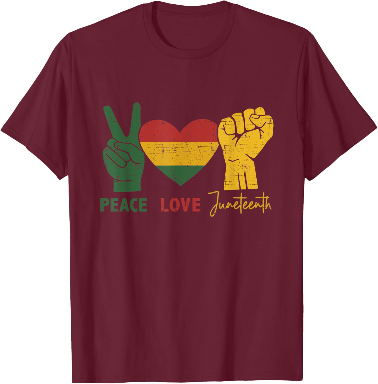 Peace Love Juneteenth with african flag heart and fist T-Shirt - T-Shirt | Maroon