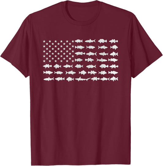 Vintage USA Fish American Flag Shirt Fishing Gifts T-Shirt - T-Shirt | Maroon