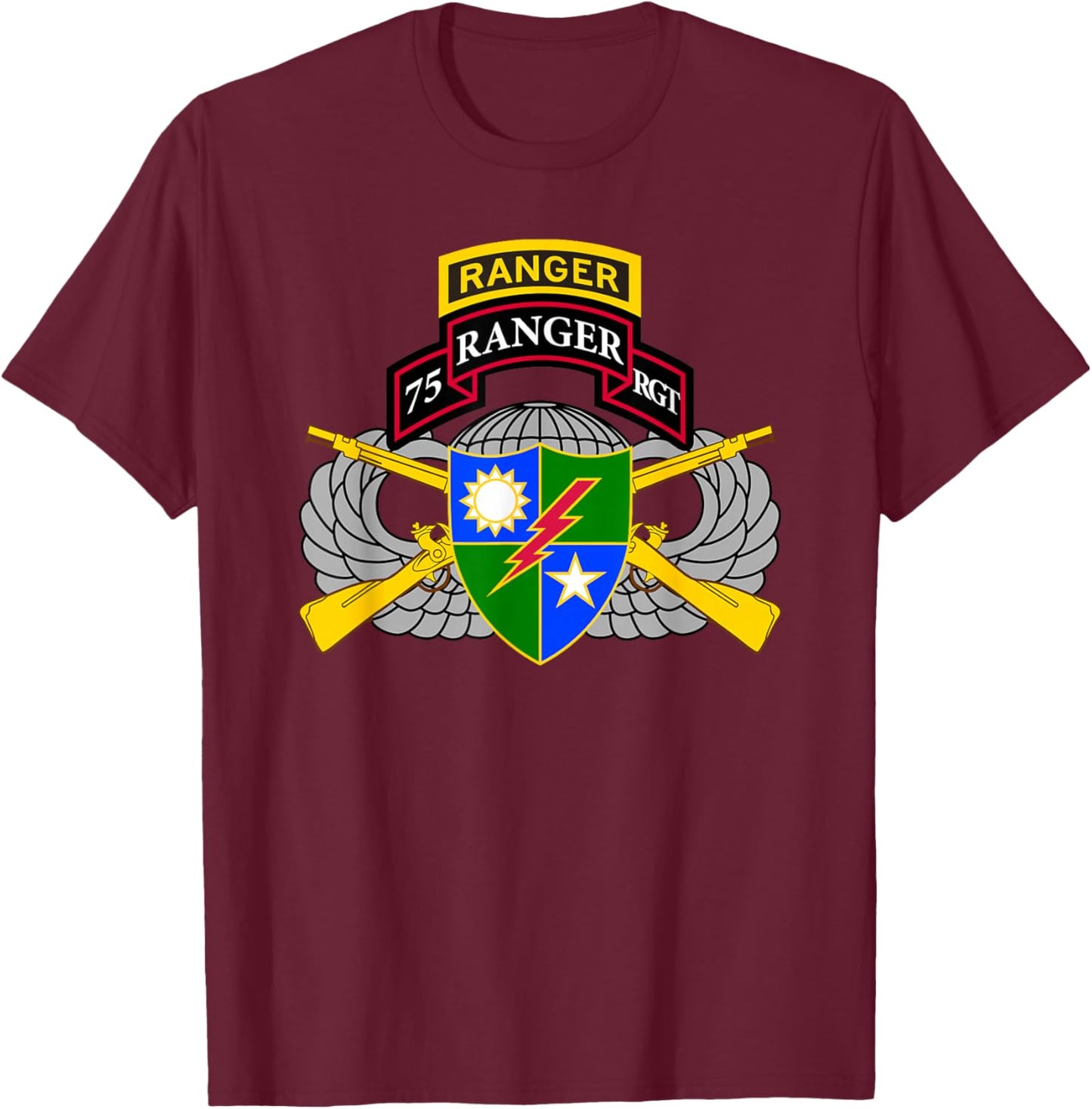 US Army Ranger - 75th Scroll, Tab, Airborne Wings, Rifles T-Shirt - T-Shirt | Maroon