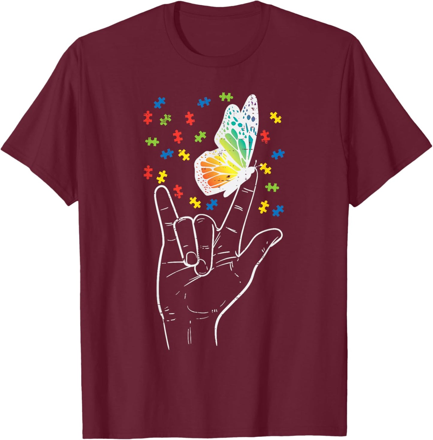 Asl Love Sign Butterfly Puzzle Autism Awareness Sped Teacher T-Shirt - T-Shirt | Maroon