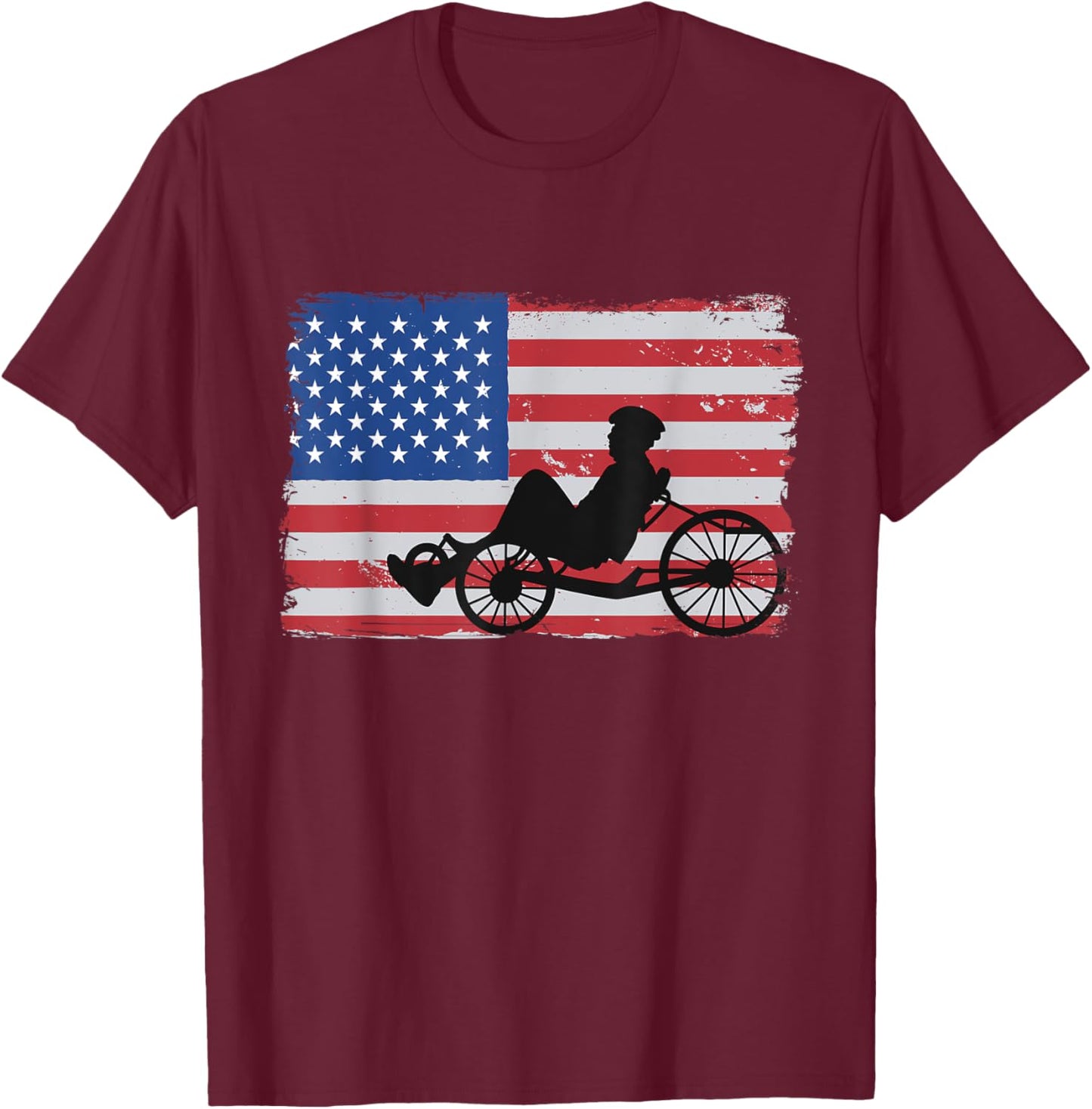 US American Flag 4th Of July Cyclist Recumbent Bicycle T-Shirt - T-Shirt | Maroon
