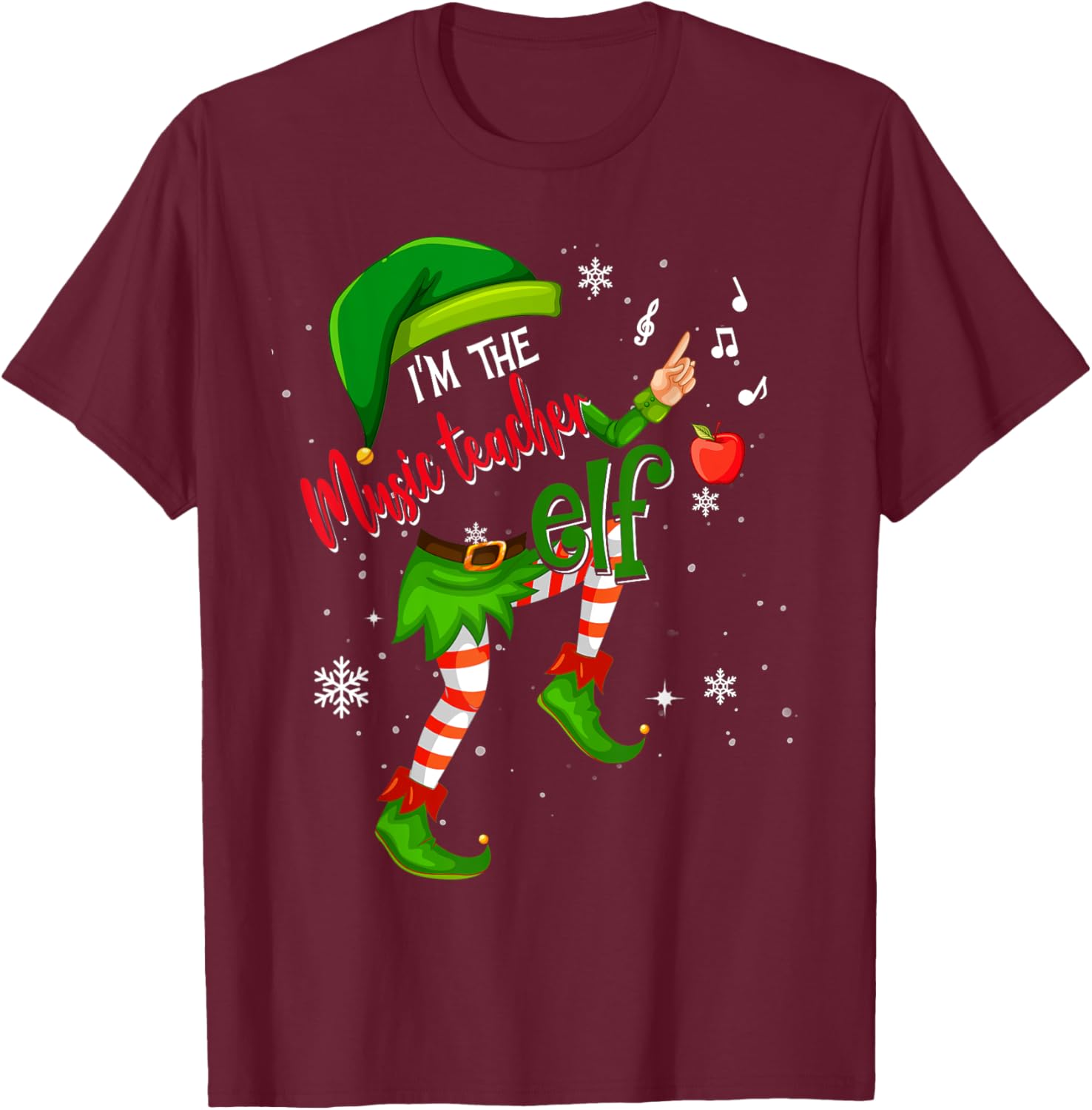 Music Teacher Elf Matching Family Group Xmas Party Pajama Men Women T-Shirt - T-Shirt | Maroon