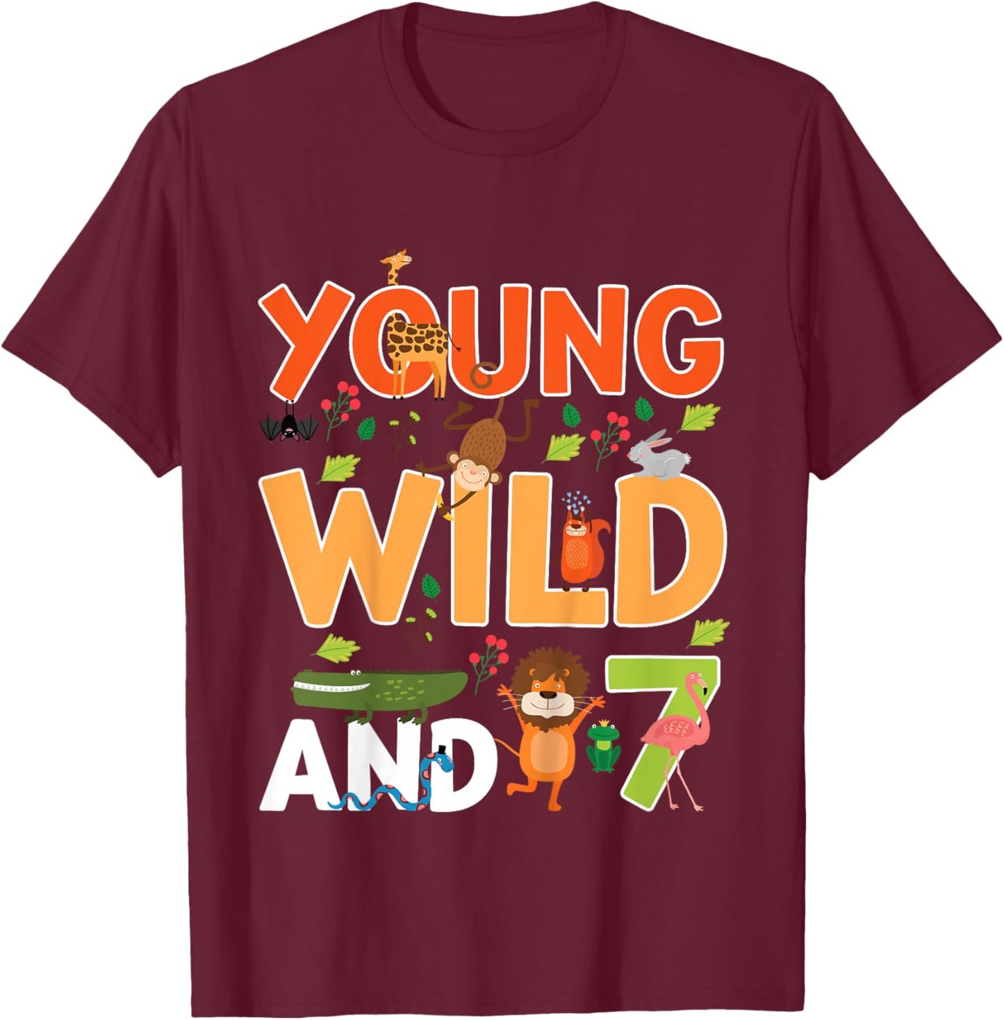 Kids 7 year old wild zoo theme birthday animals safari jungle boy T-Shirt - T-Shirt | Maroon