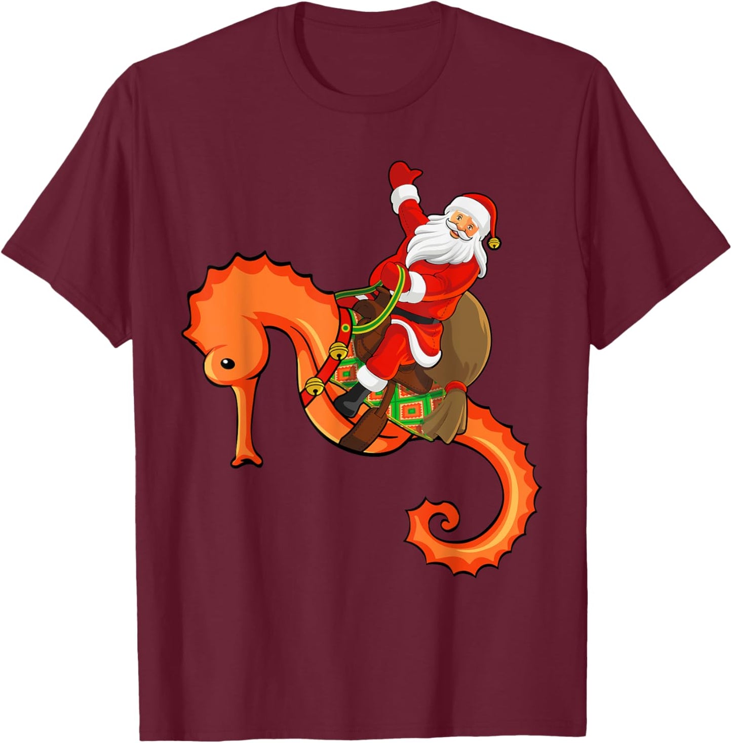 Funny Seahorse Fish Lover Santa Riding Seahorse Christmas T-Shirt - T-Shirt | Maroon