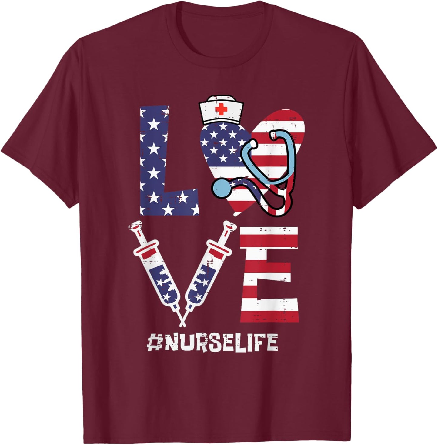Love Stethoscope Nurse Fourth 4th Of July Nursing Patriot T-Shirt - T-Shirt | Maroon