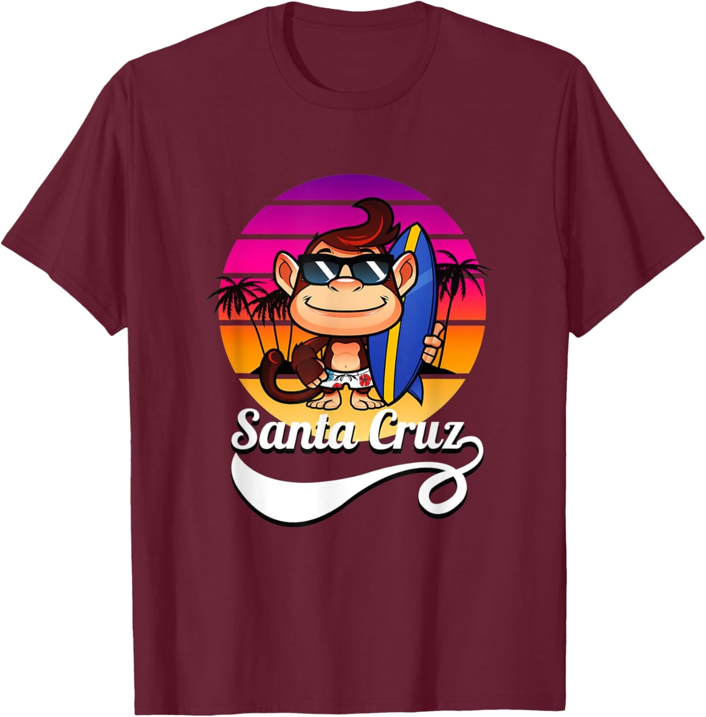 Surfer Monkey Santa Cruz California Retro Sun Fun T-Shirt - T-Shirt | Maroon