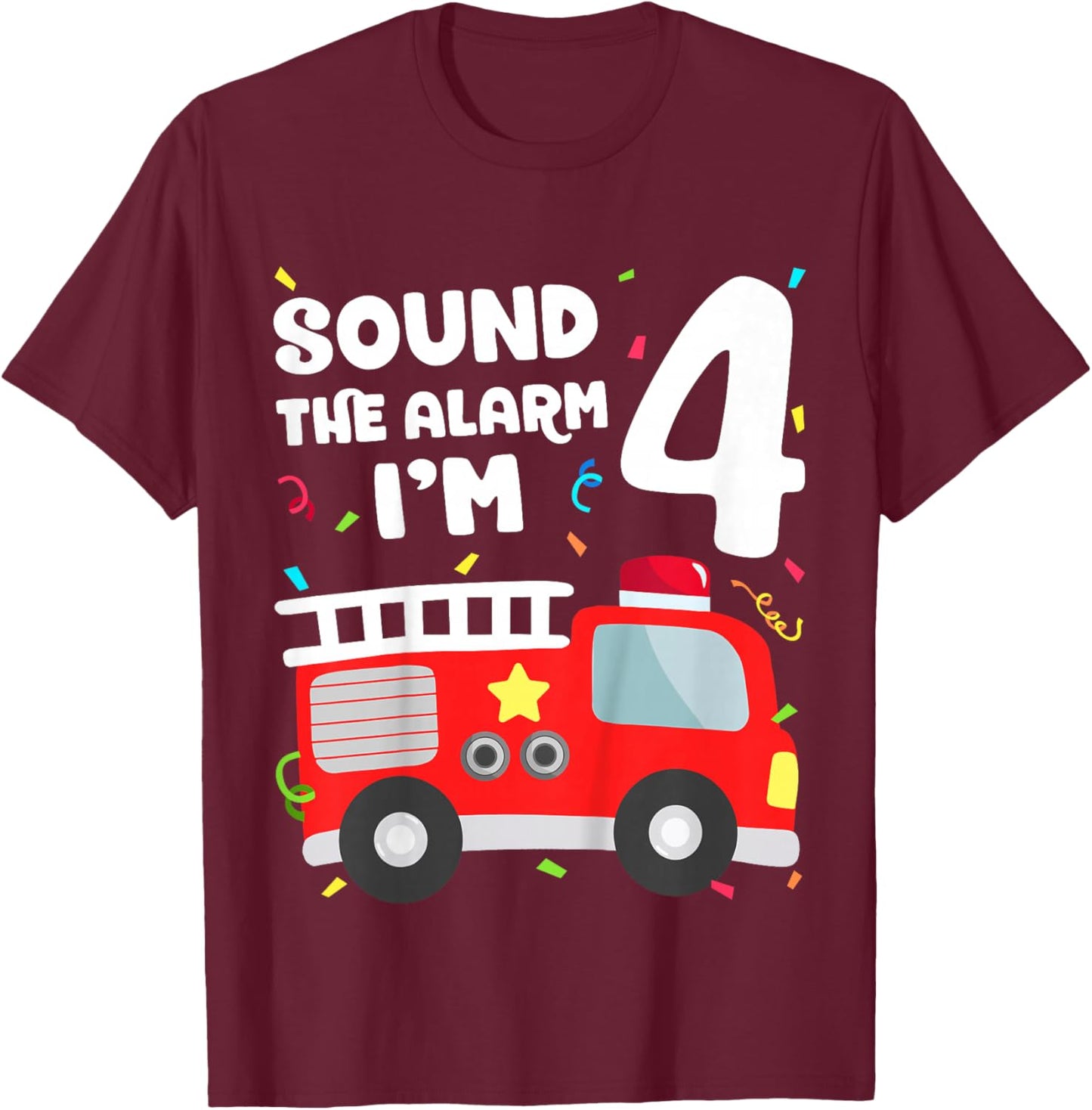 Fire Truck 4th Birthday Toddler Boy Firefighter 4 Year Old T-Shirt - T-Shirt | Maroon