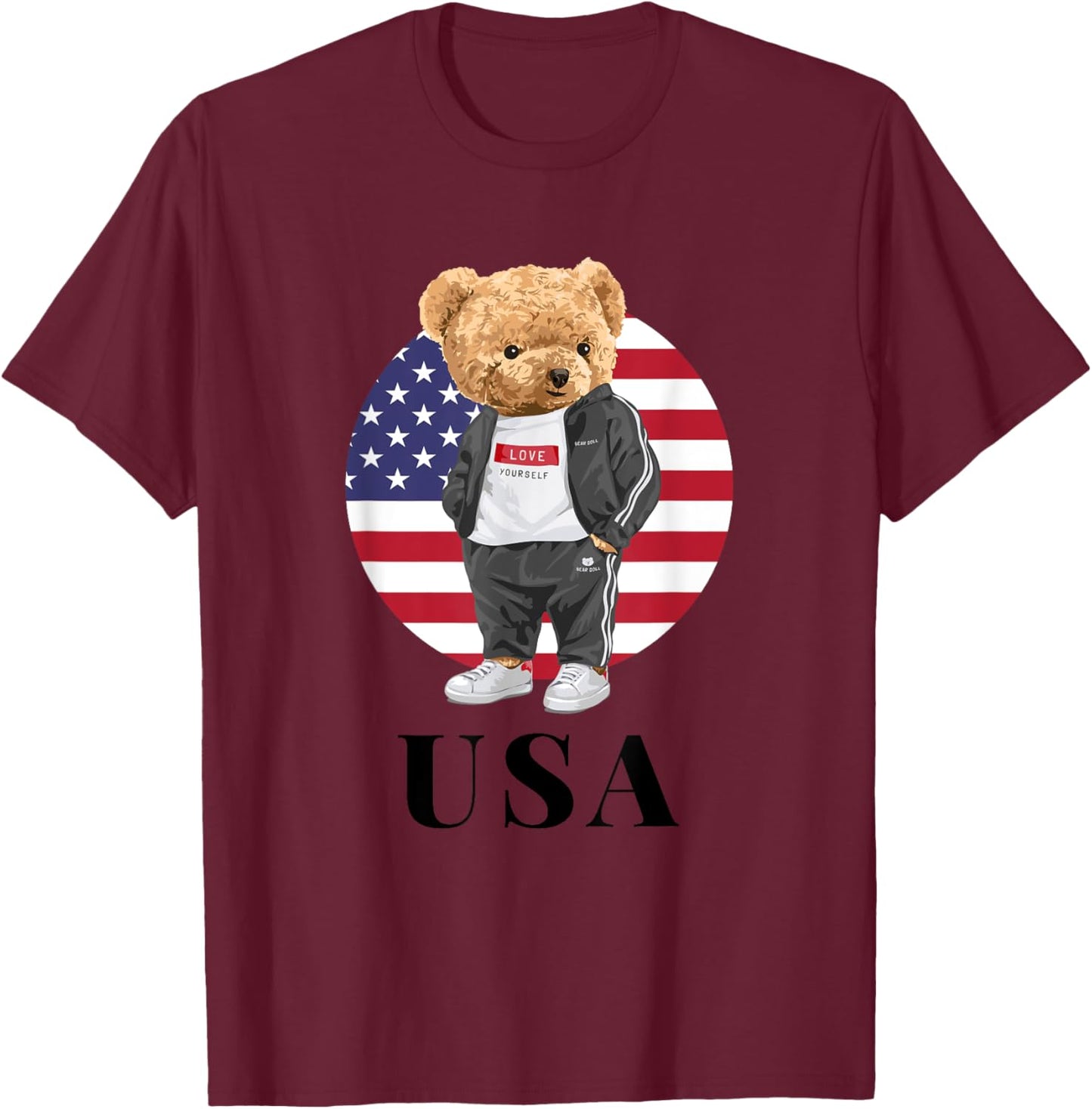 Love Yourself, Cool Illustration Teddy Bear With USA Flag T-Shirt - T-Shirt | Maroon