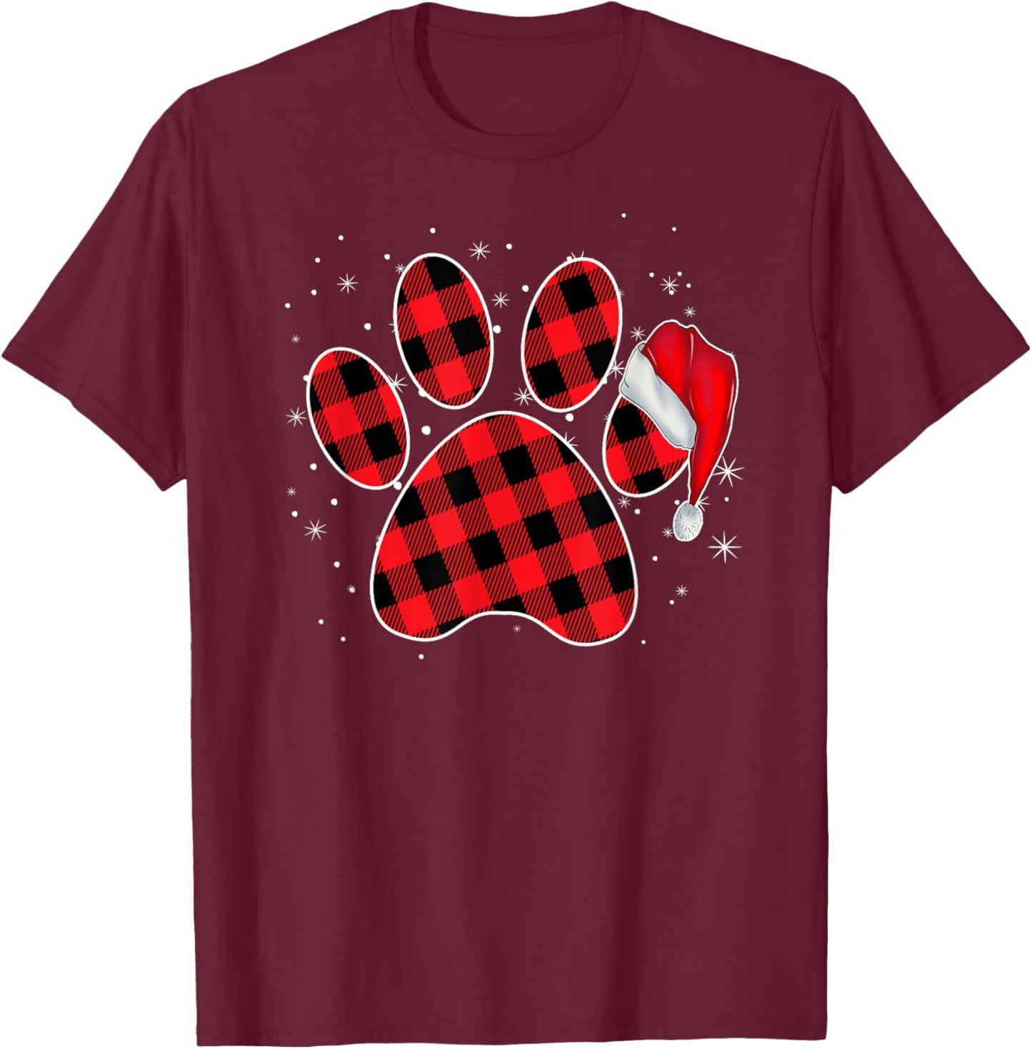 Paw Dog Christmas Funny Dog Santa Hat Xmas Buffalo Plaid Men Women Kids T-Shirt - T-Shirt | Maroon
