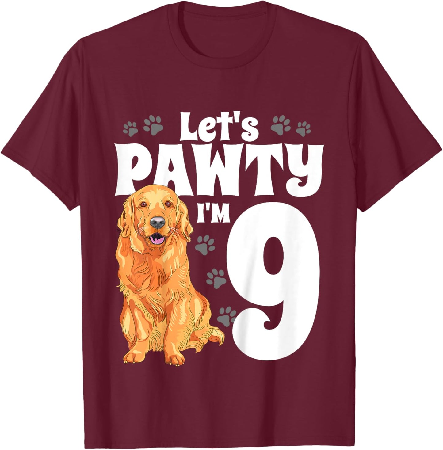 9 Year Old Golden Retriever Dog Birthday Pawty Dogs 9th Gift T-Shirt - T-Shirt | Maroon