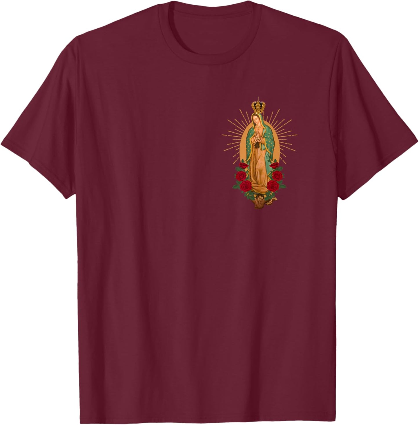 Our Lady Virgen De Guadalupe Virgin Mary Linda Floral Pocket Small T-Shirt - T-Shirt | Maroon