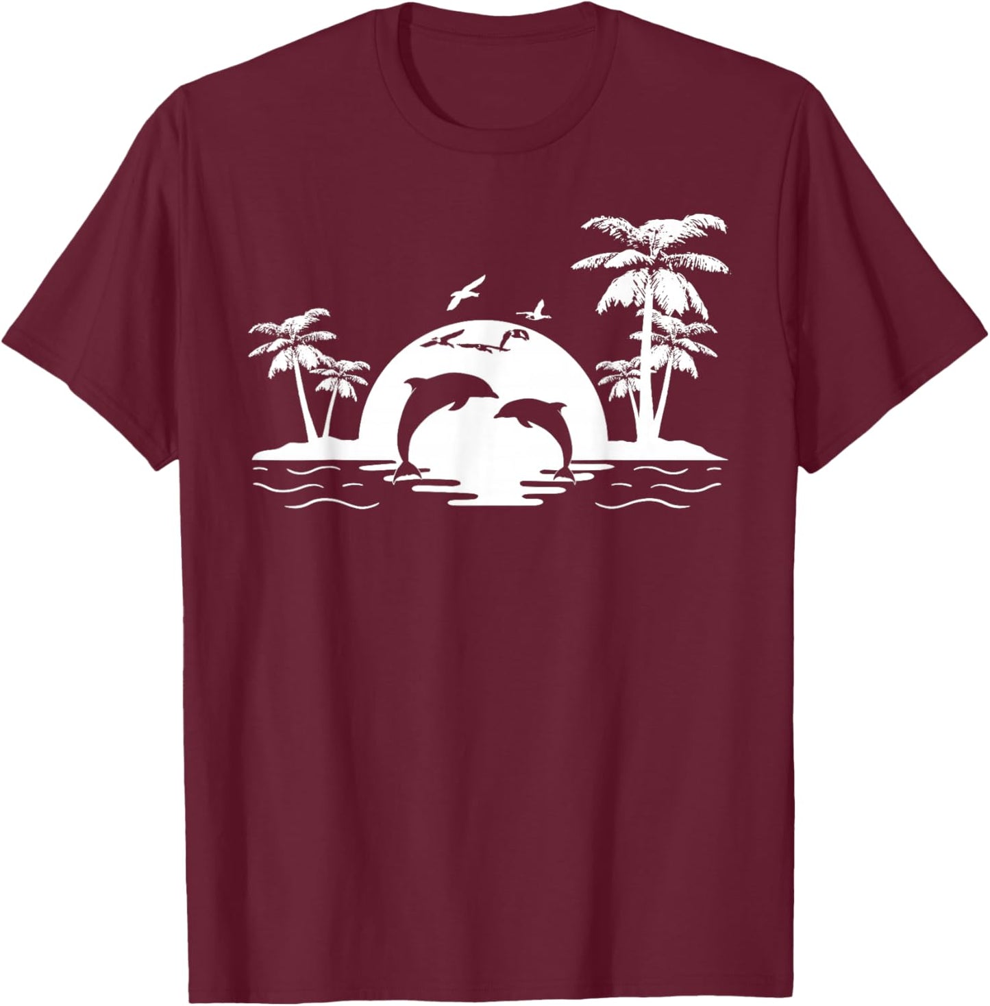 2 Dolphins Jumping Beach Sunset Island T-Shirt - T-Shirt | Maroon