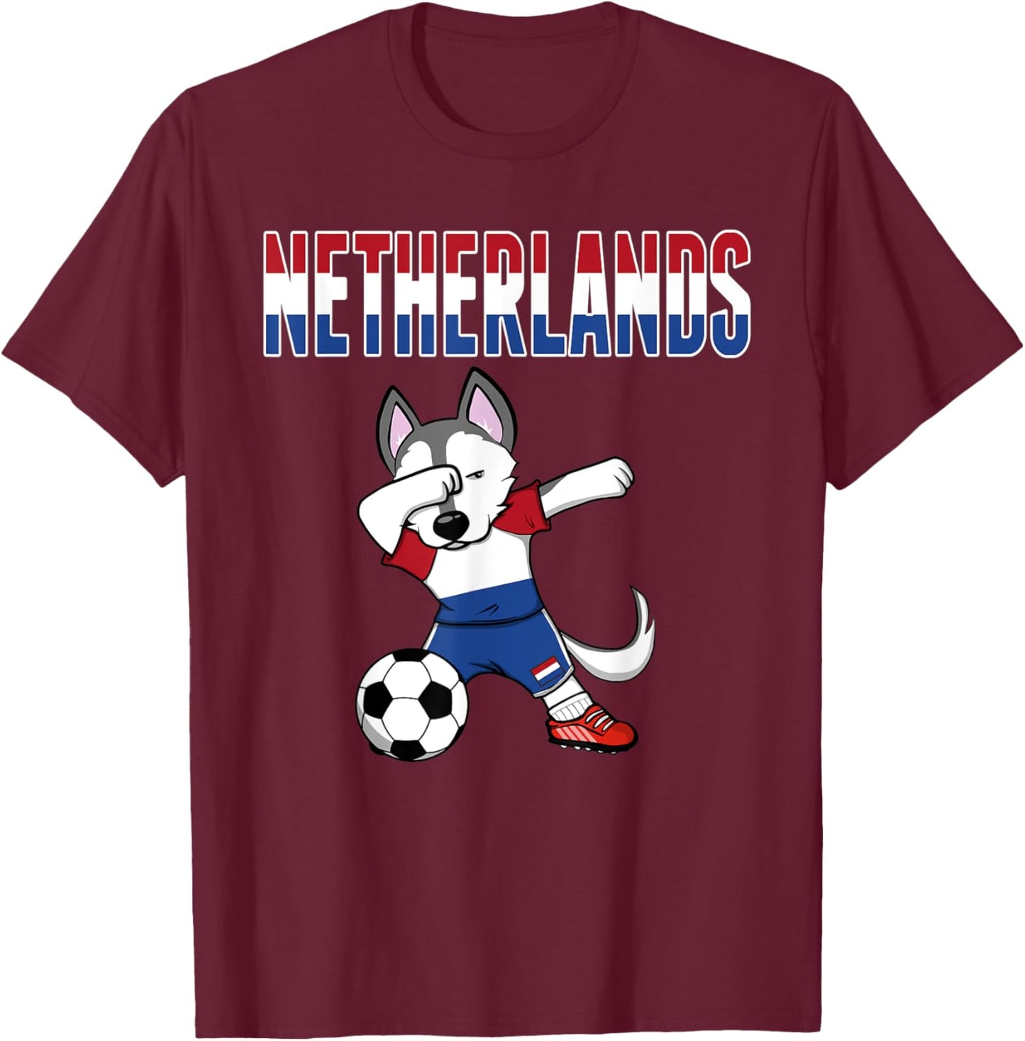 Dabbing Husky Dog Netherlands Soccer Fans Jersey Dutch Flag Men Women Kids T-Shirt - T-Shirt | Maroon