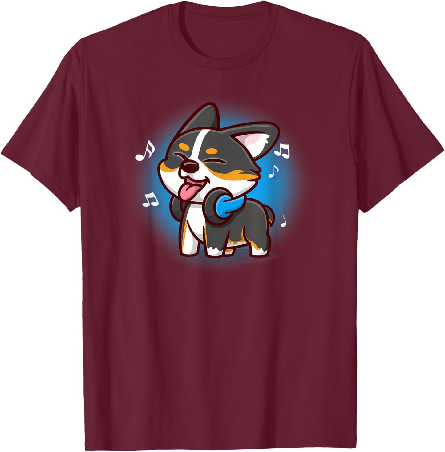 Funny Cute Kawaii Cartoon Music Black Tricolor Corgi Lover T-Shirt - T-Shirt | Maroon