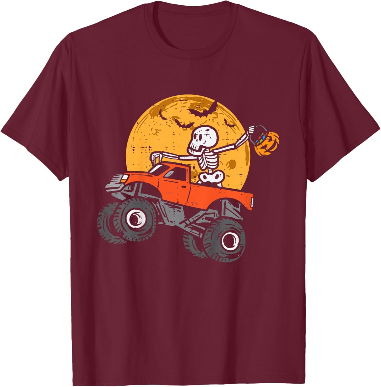 Kids Skeleton Monster Truck Moon Candy Toddler Boys Halloween Kid T-Shirt - T-Shirt | Maroon