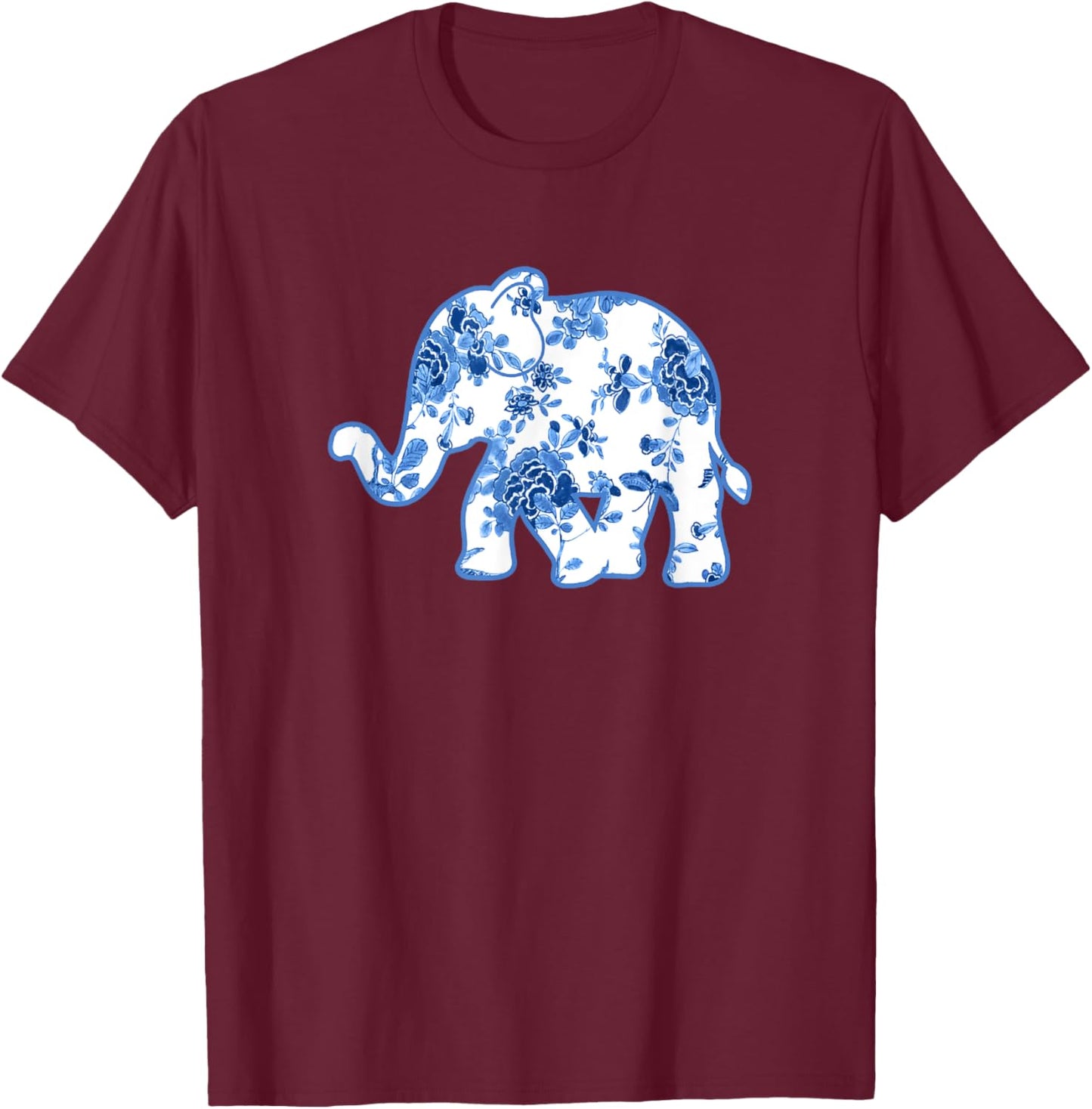 Elephant Chinoiserie Shirt Blue White Floral Pattern T-Shirt - T-Shirt | Maroon
