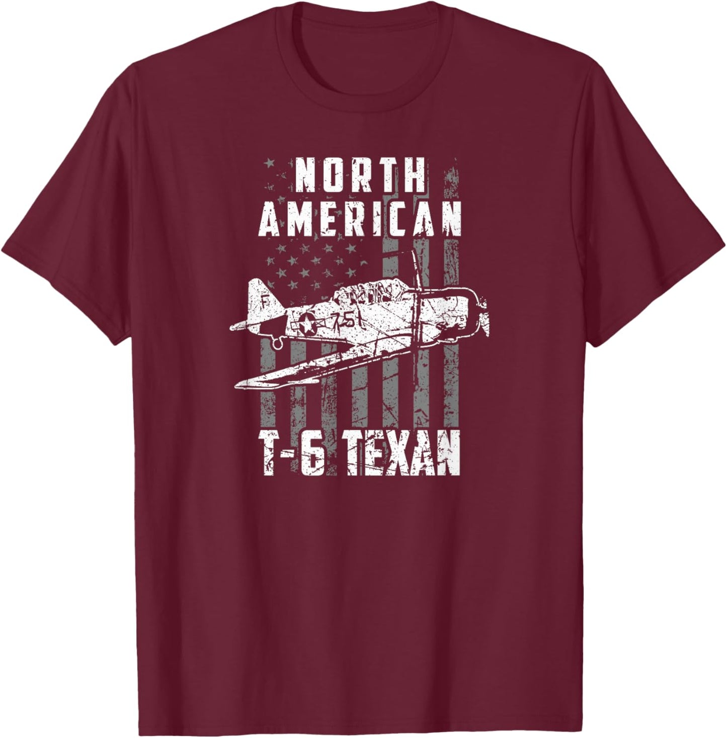 North American T-6 Texan Warbird US Flag Vintage Aircraft T-Shirt - T-Shirt | Maroon