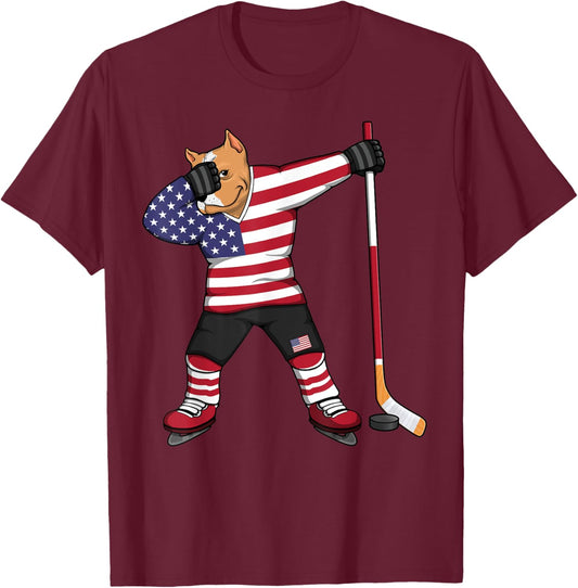 Dabbing Pitbull America Ice Hockey Fans Jersey USA Flag Kids Men T-Shirt - T-Shirt | Maroon