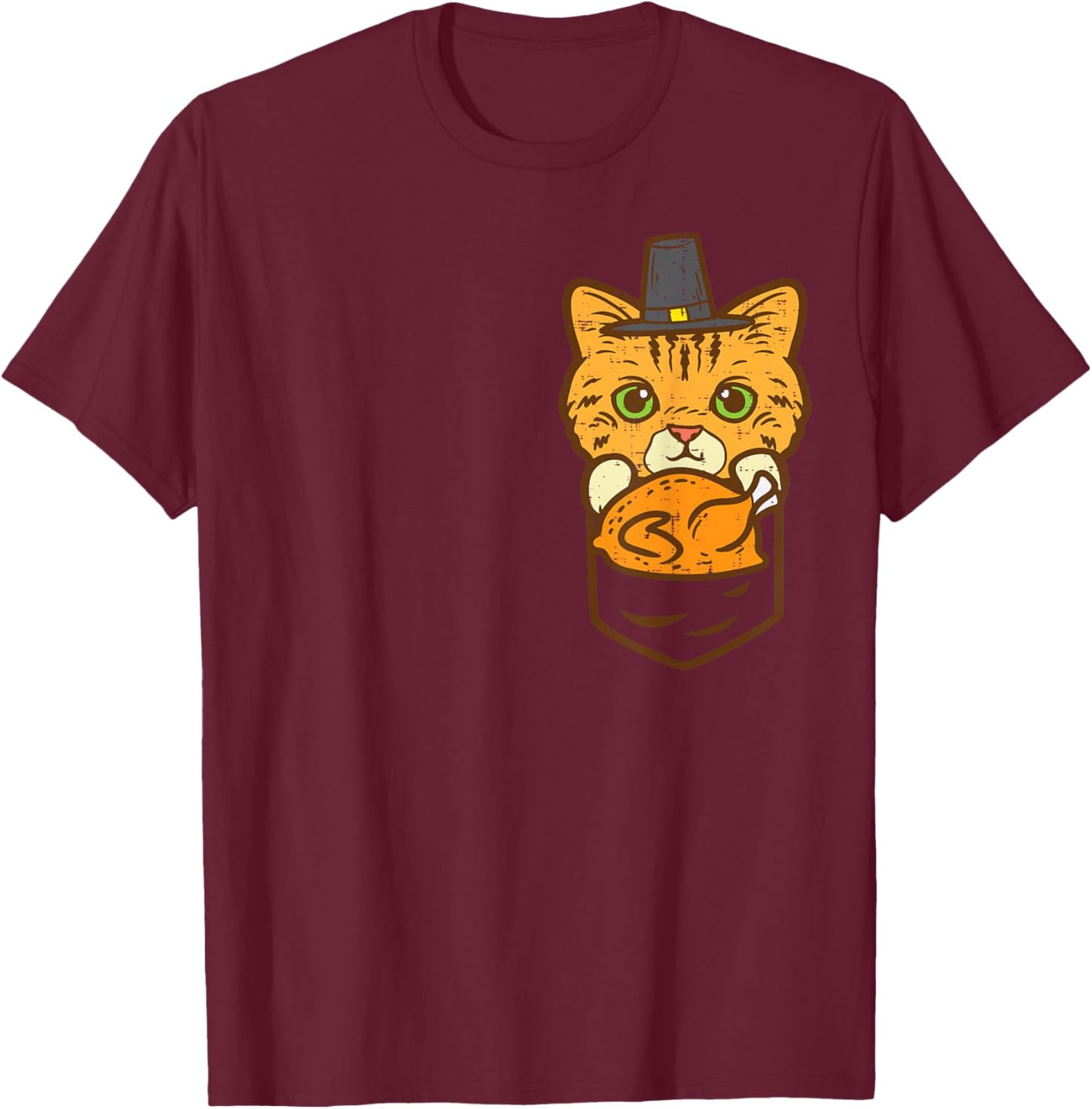 Pocket Pilgrim Cat Turkey Cute Thanksgiving Men Women Kids T-Shirt - T-Shirt | Maroon