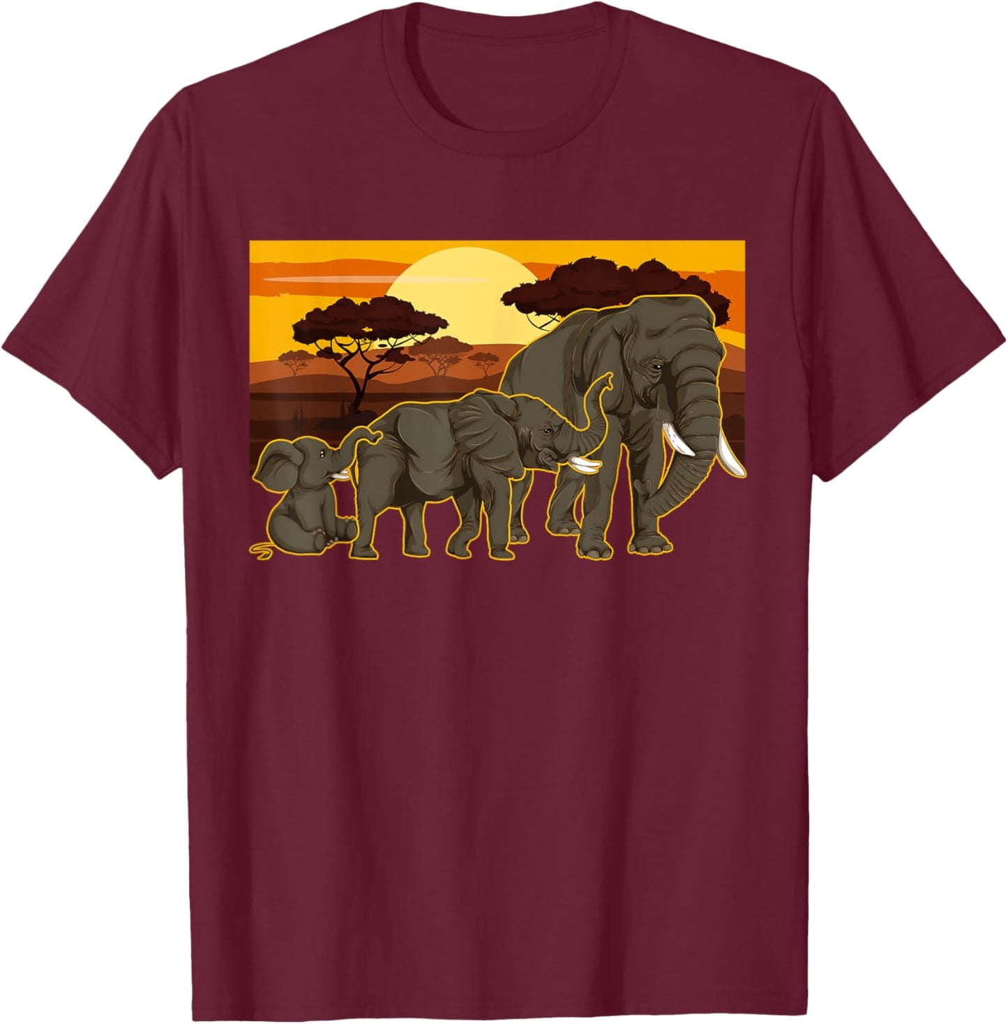 Sunset Elephant Family Africa Animal Safari Elephant T-Shirt - T-Shirt | Maroon