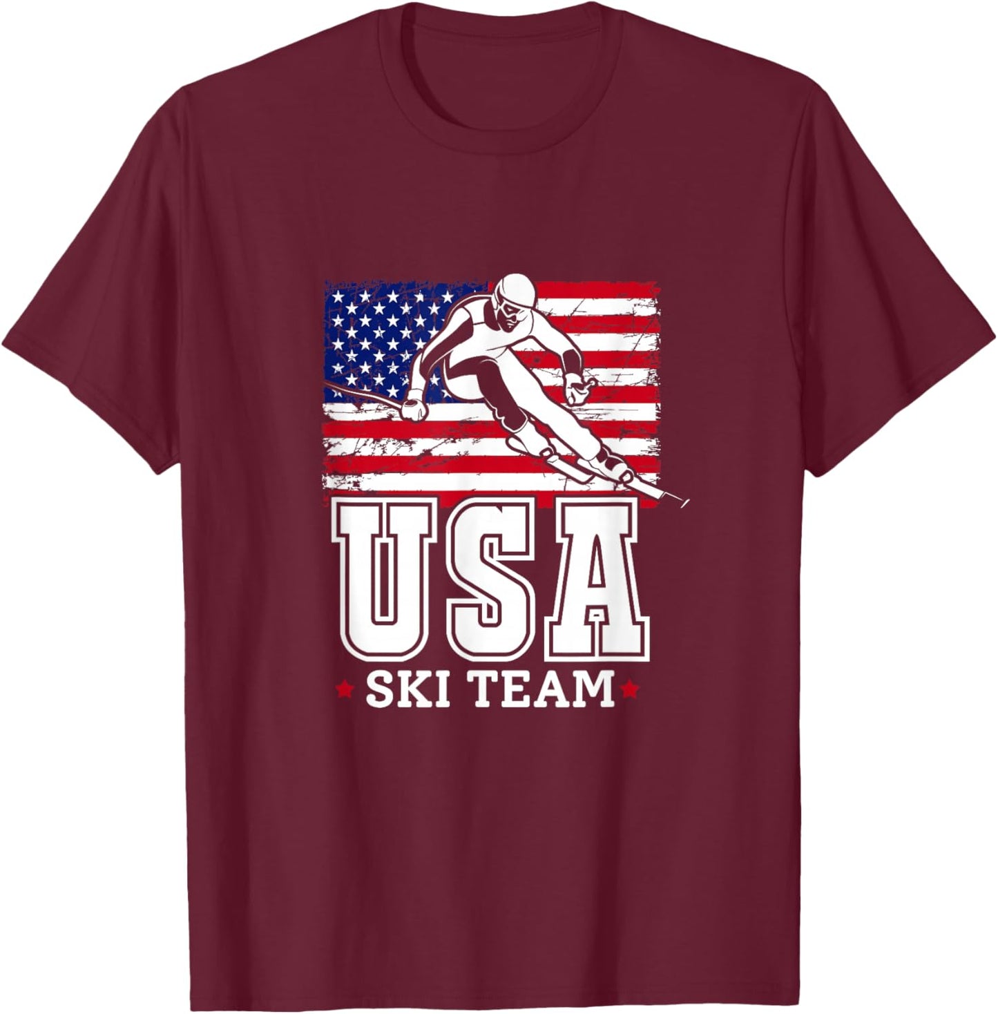 USA Ski Team American Flag Skiing Skier T-Shirt - T-Shirt | Maroon