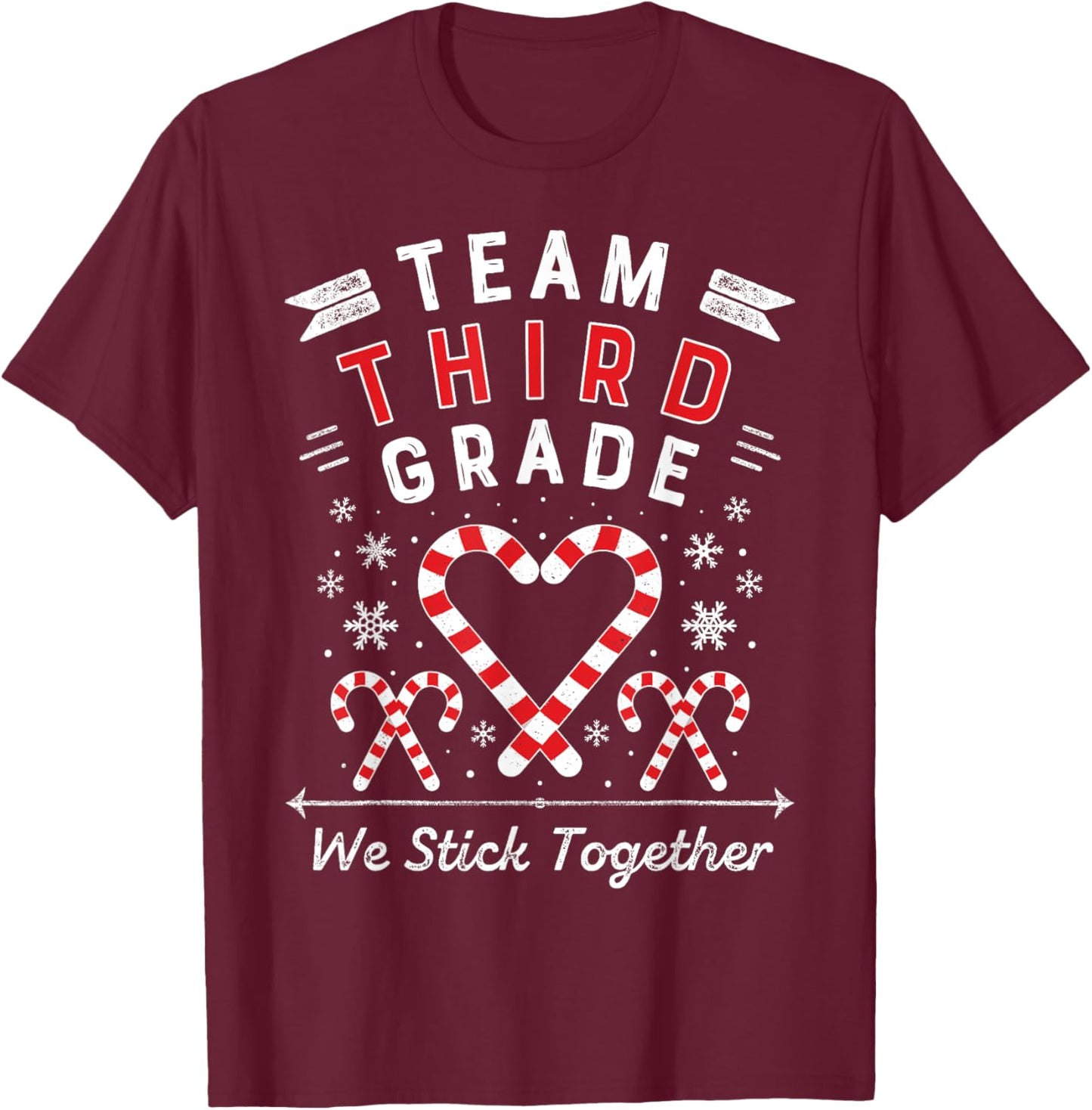 Team Third Grade Christmas Candy Cane Heart Xmas 3rd Teacher Women Kids T-Shirt - T-Shirt | Maroon