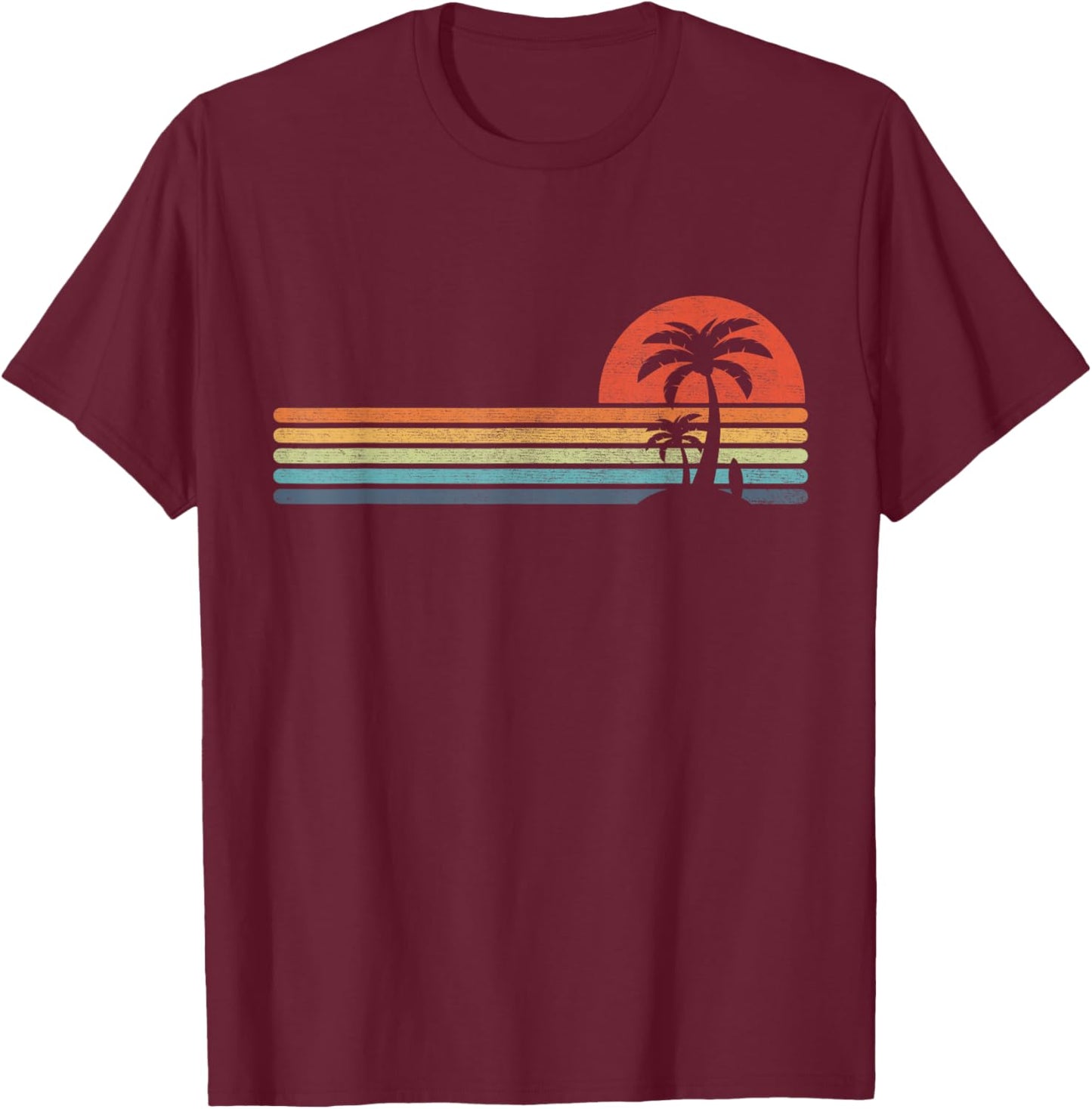 Palm Tree Surfboard Retro Tropical Beach Island Stripes Surf T-Shirt - T-Shirt | Maroon