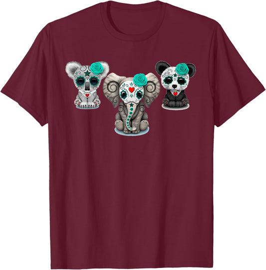 Cute Sugar Skull Animals Halloween T-Shirt - T-Shirt | Maroon