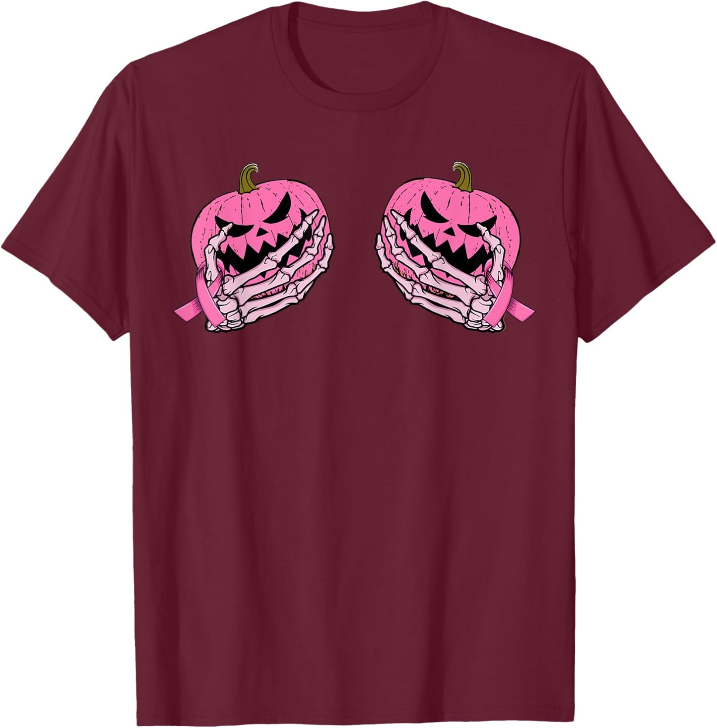 Skeleton Hand Pink Ribbon Halloween Breast Cancer Pumpkin T-Shirt - T-Shirt | Maroon