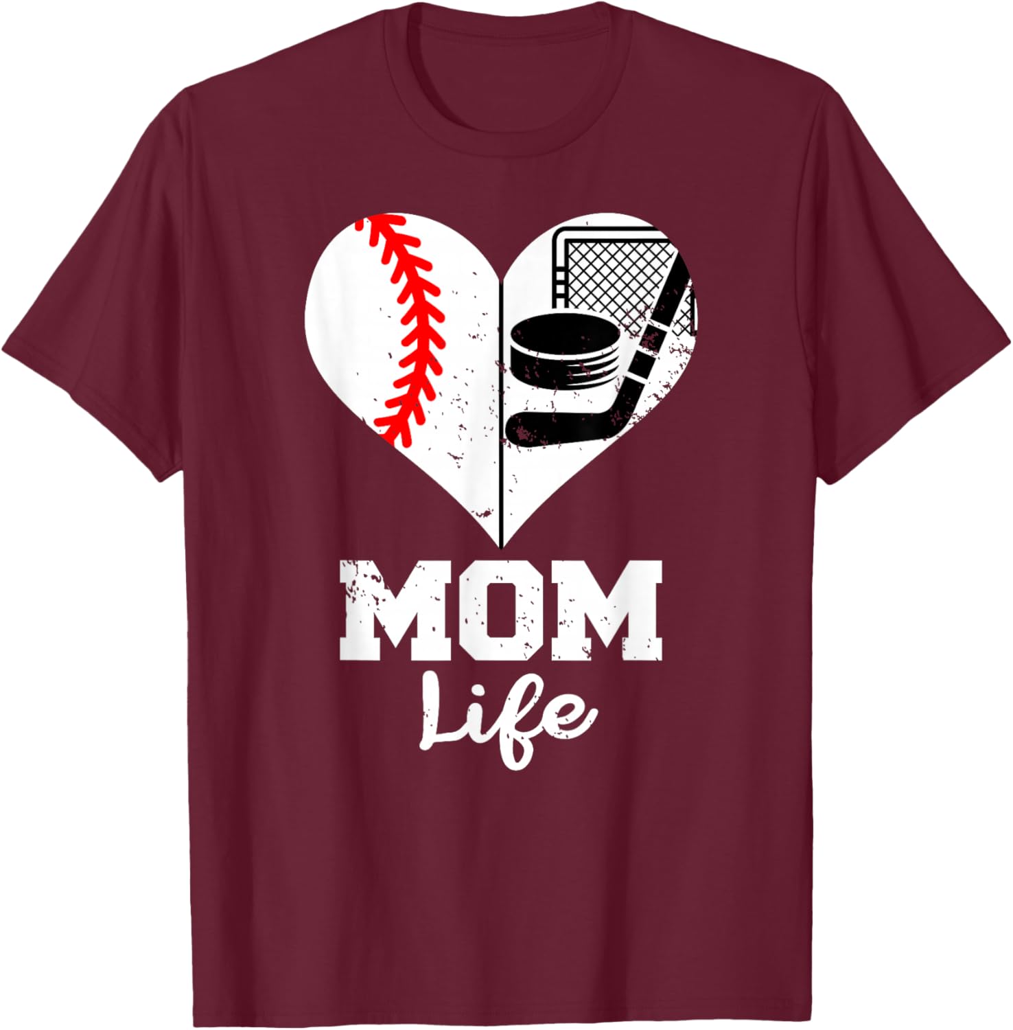 Mom Life Heart Funny Baseball Hockey Mom T-Shirt - T-Shirt | Maroon