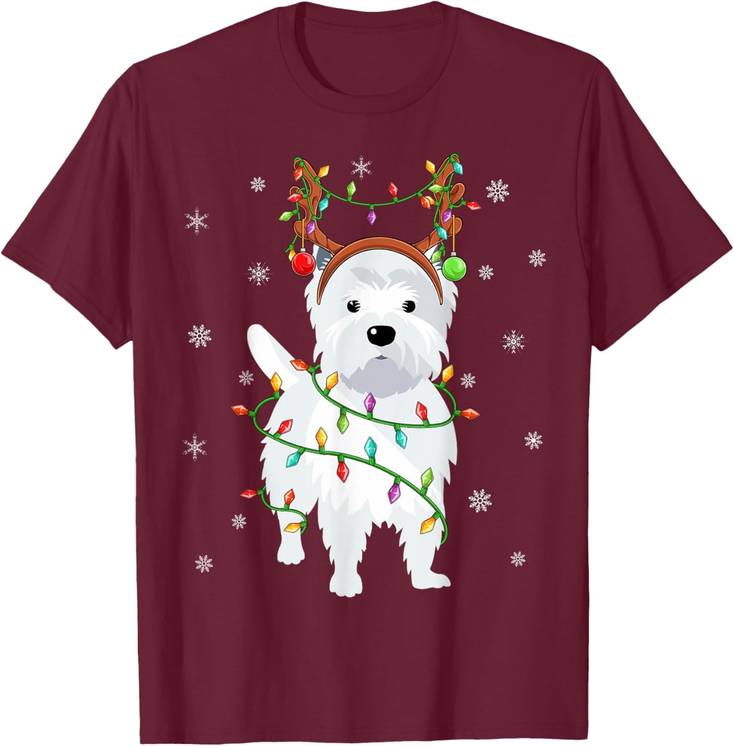 Westie Dog Xmas Lighting Reindeer Hat Westie Christmas Women Kids T-Shirt - T-Shirt | Maroon