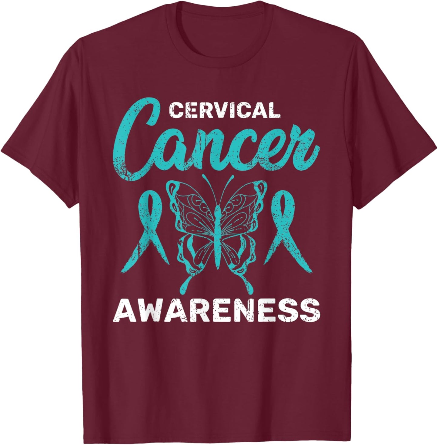 Teal Ribbon Butterfly Cancer Survivor Cervical Cancer T-Shirt - T-Shirt | Maroon