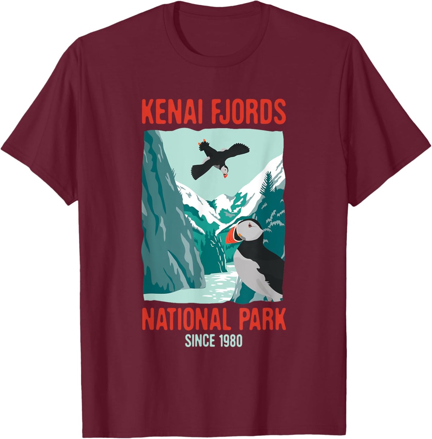 Kenai Fjords US National Park Puffin Bird Alaska Gift T-Shirt - T-Shirt | Maroon