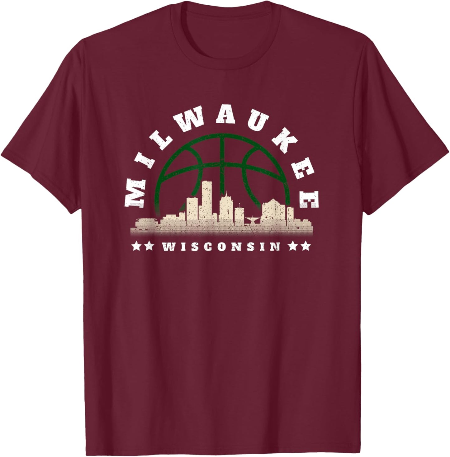 Milwaukee Wisconsin Vintage Basketball Cityscape T-Shirt - T-Shirt | Maroon