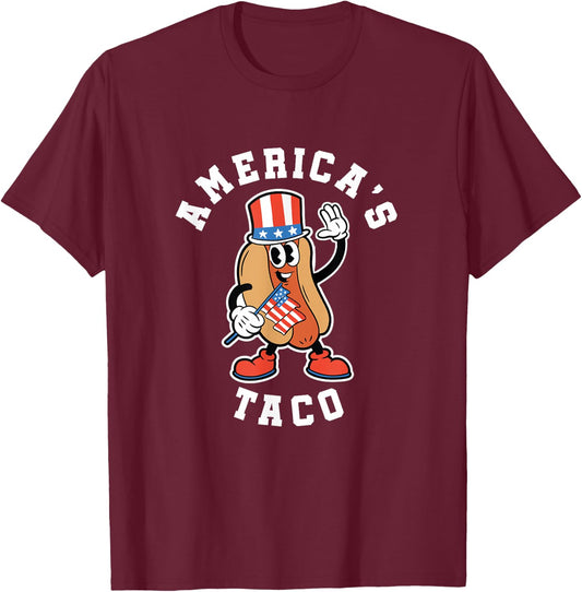 Funny 4th of July America's Taco Patriotic Hot Dog American T-Shirt - T-Shirt | Maroon