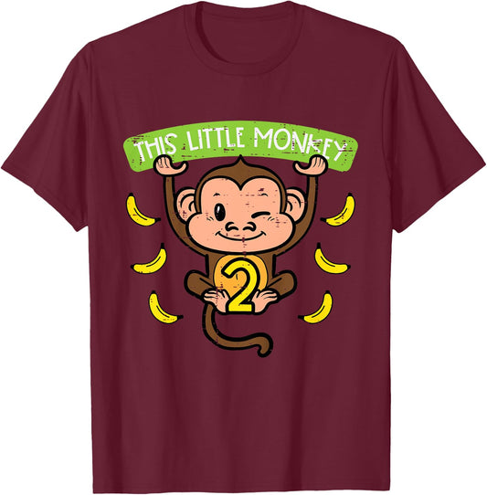 2nd Birthday This Little Monkey 2 Years Old Boys Girls Kids T-Shirt - T-Shirt | Maroon