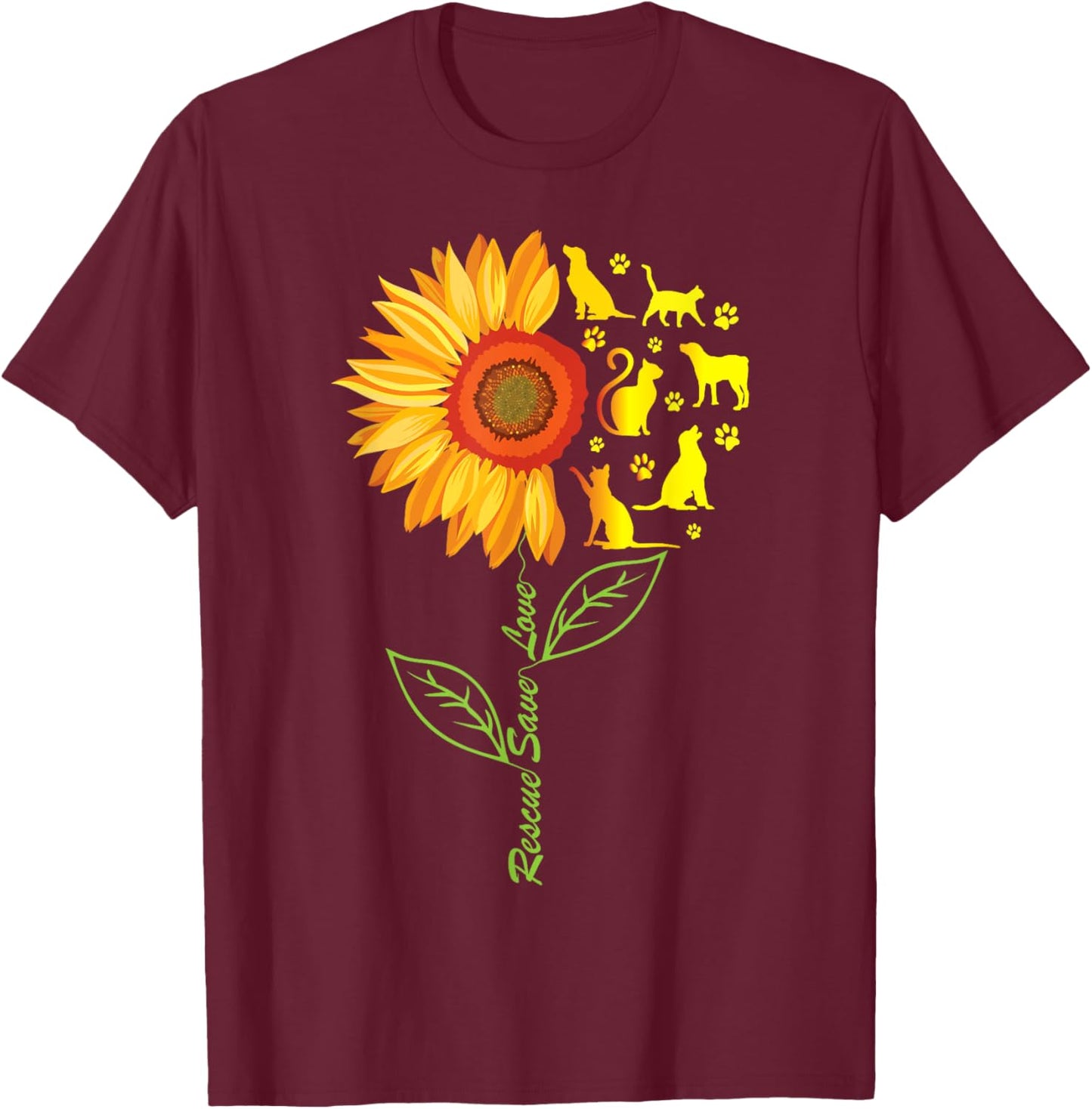 RESCUE SAVE LOVE Pet Animal Shelter Sunflower Gift Volunteer T-Shirt - T-Shirt | Maroon