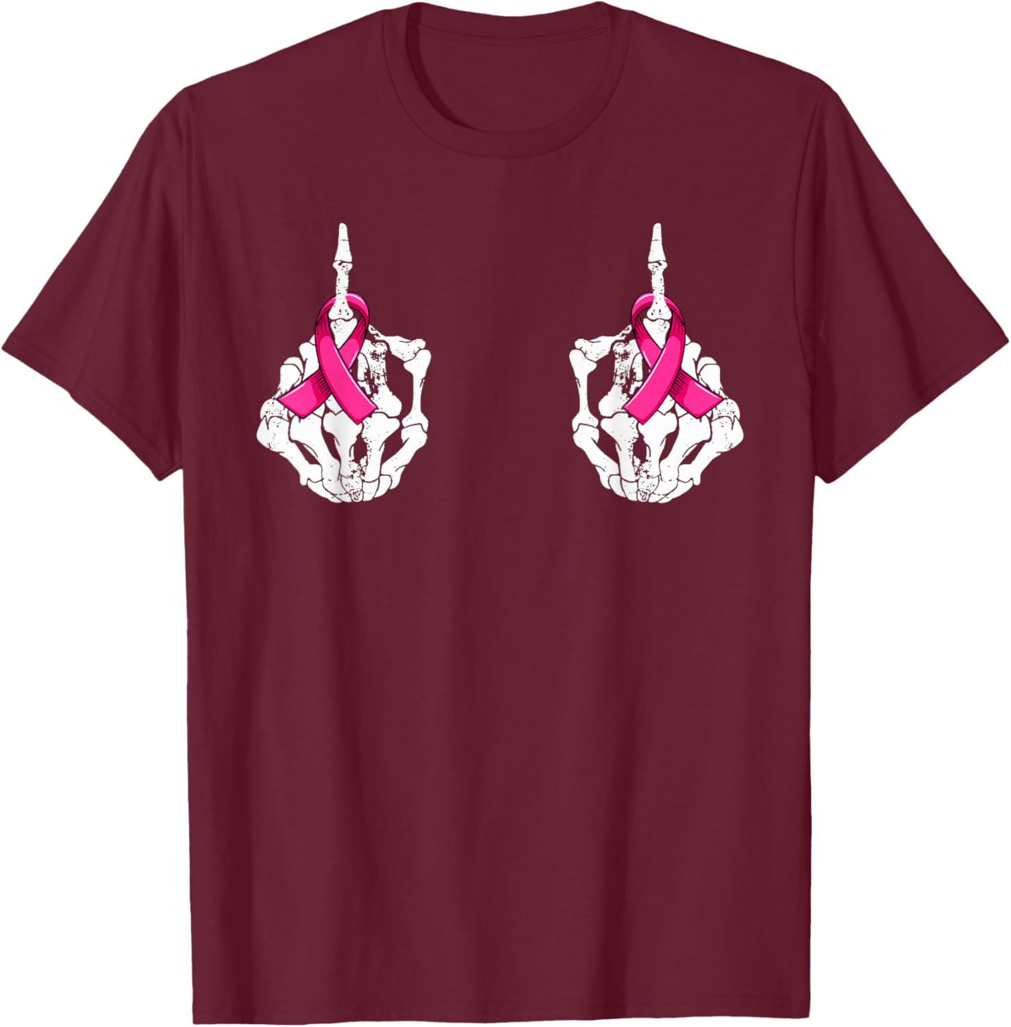 Fuck Cancer Skeleton Hand Pink Ribbon Breast Cancer T-Shirt - T-Shirt | Maroon