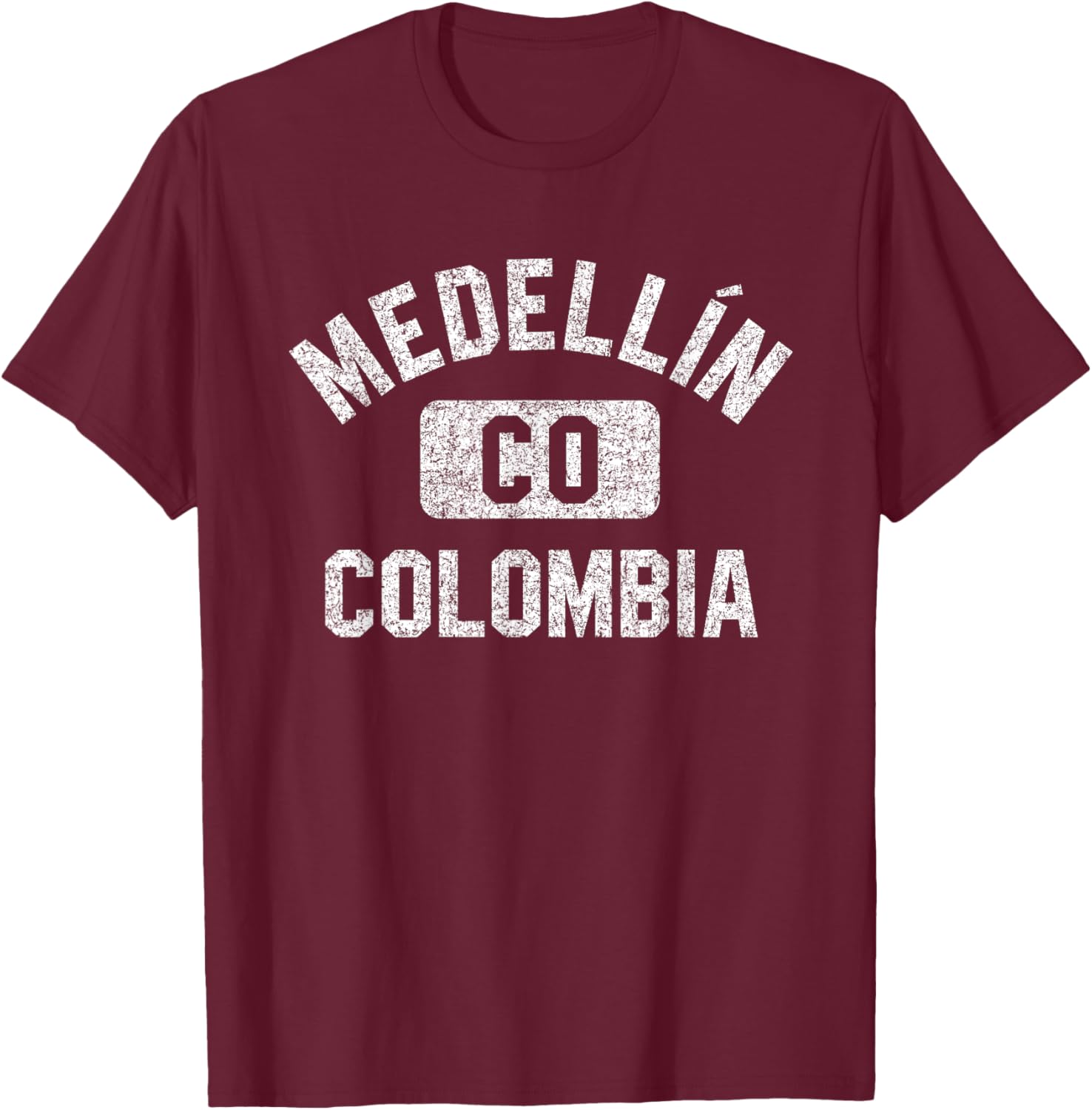 Medellin Colombia Gym Style Distressed White Print T-Shirt - T-Shirt | Maroon
