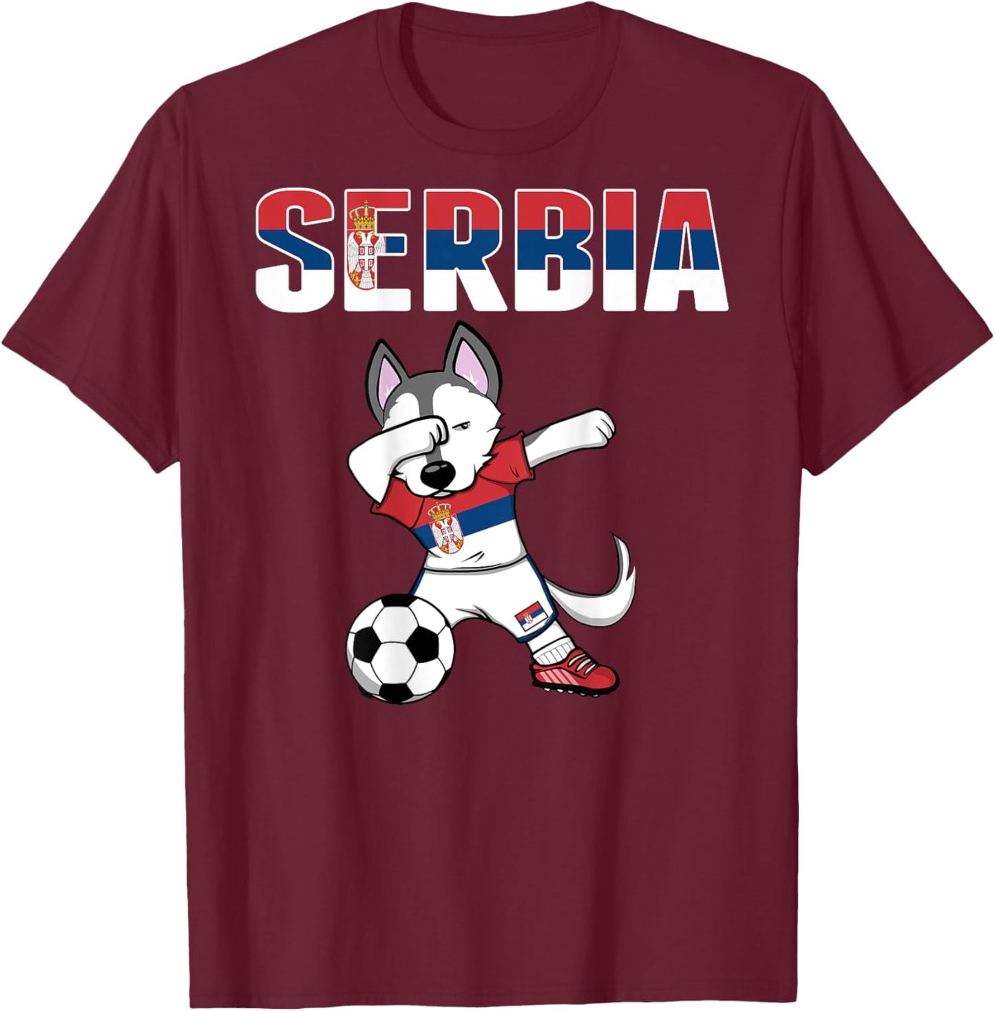 Dabbing Husky Dog Serbia Soccer Fans Jersey Serbian Football Men Women Kids T-Shirt - T-Shirt | Maroon