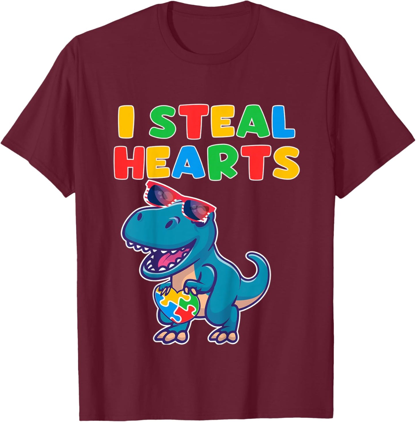 Kids Autism Awareness Dino Autistic Toddler Boys Cute Dinosaur T-Shirt - T-Shirt | Maroon