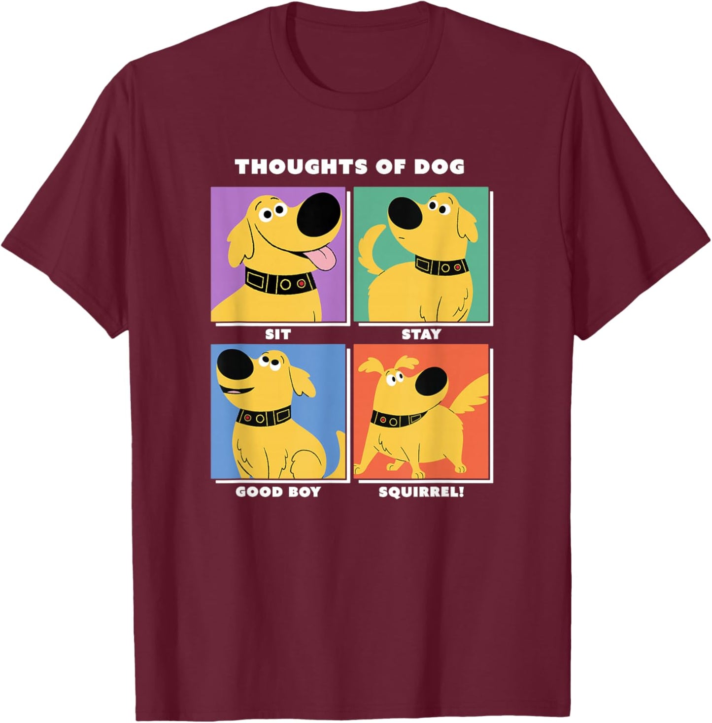 Disney Pixar Up Dug Thoughts of Dog Expressions Box Up Small T-Shirt - T-Shirt | Maroon