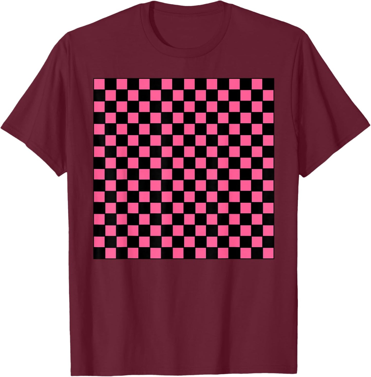 Black Hot Pink Checkerboard Pattern Checkered Gingham Check T-Shirt - T-Shirt | Maroon