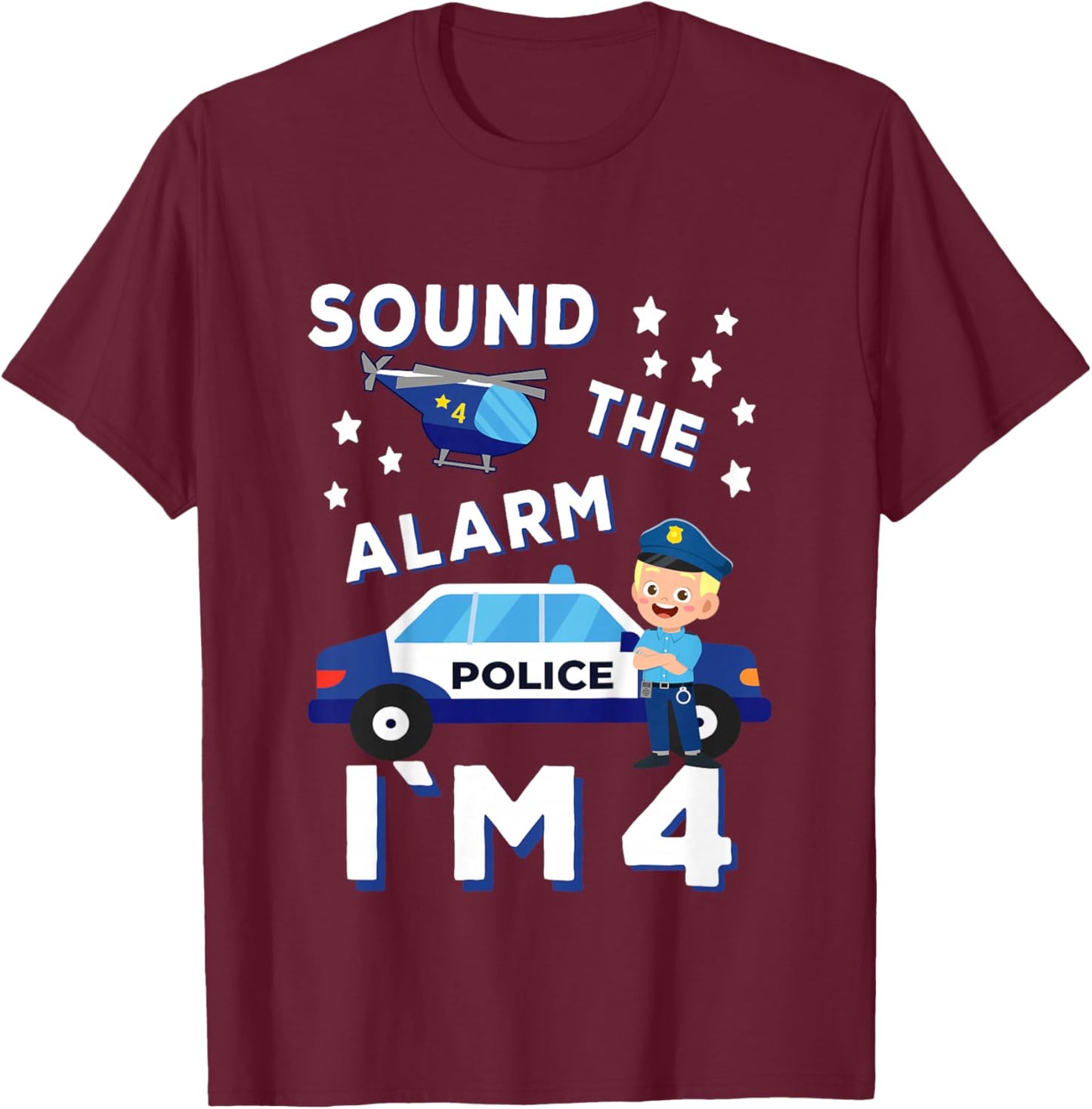 Kids Police Car 4th Birthday Party Kids Police Boys T-Shirt - T-Shirt | Maroon
