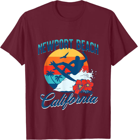 Newport Beach California Surf Summer Vacation Vintage T-Shirt - T-Shirt | Maroon