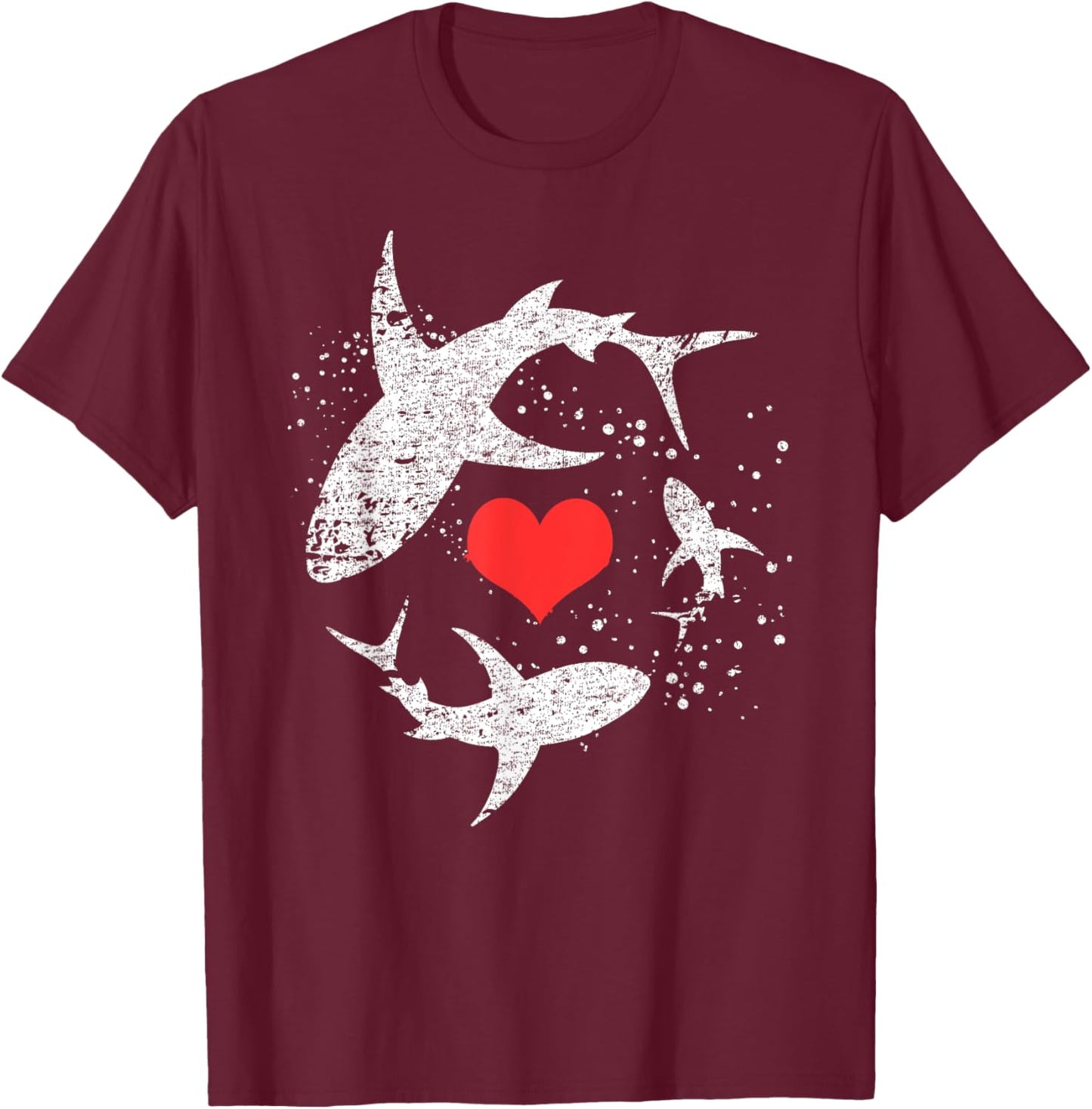 Vintage Shark Silhouette Hammerhead Shark Tiger Shark Heart T-Shirt - T-Shirt | Maroon