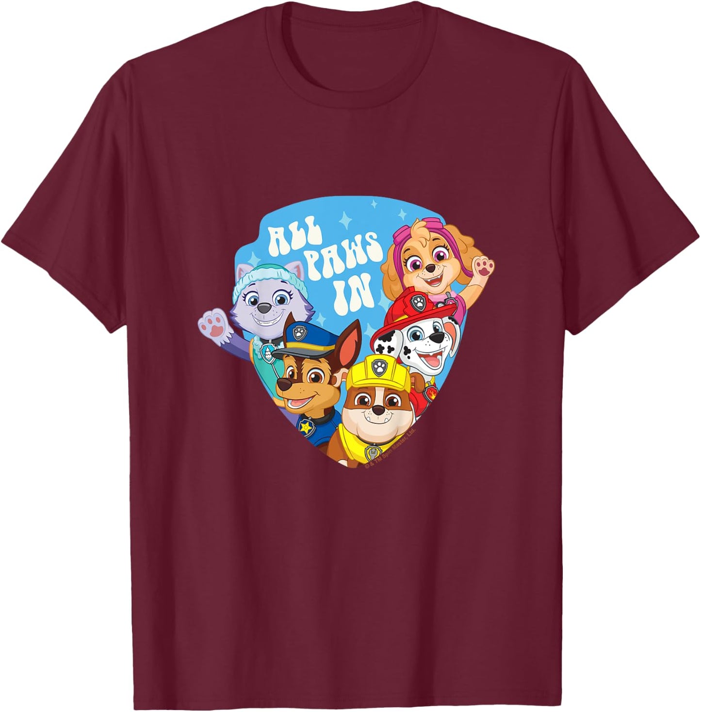 Kids PAW Patrol All Paws In Shield Emblem Group Shot T-Shirt - T-Shirt | Maroon