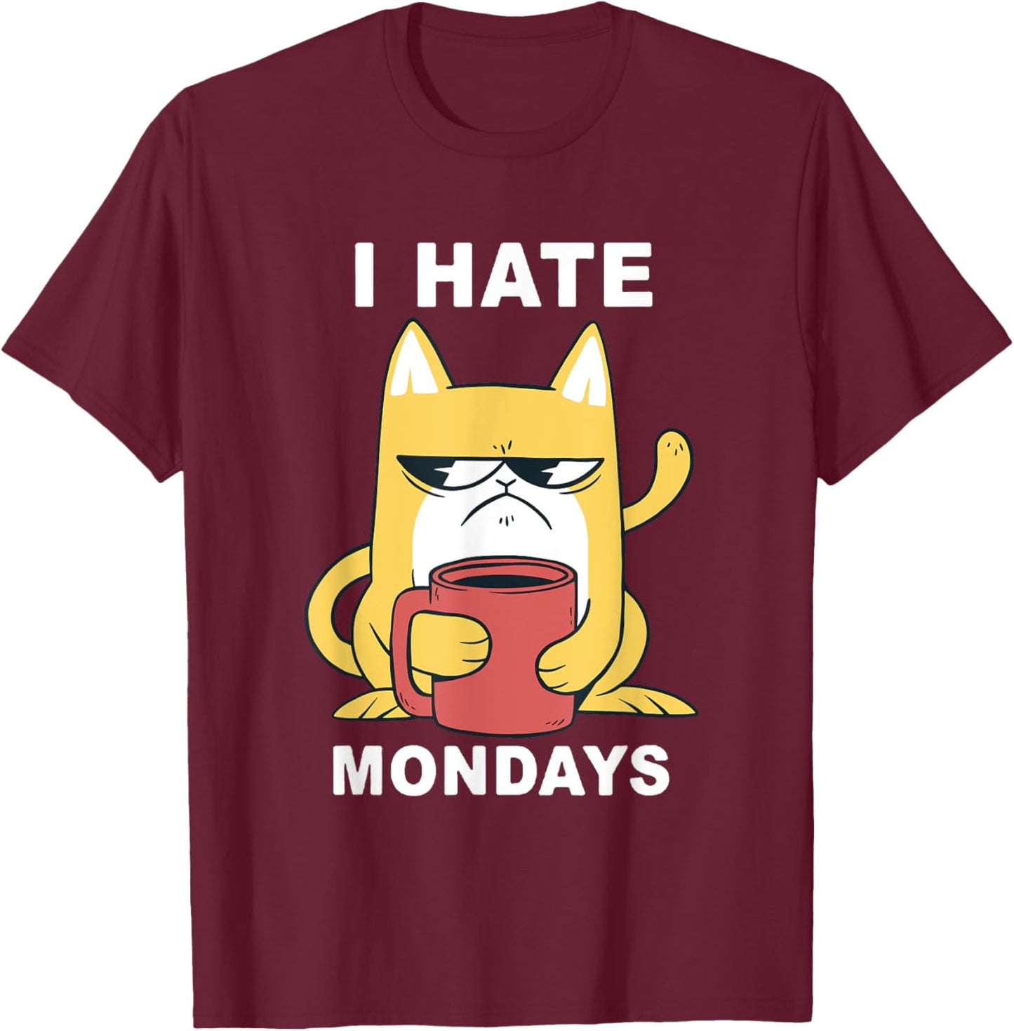 Funny I Hate Mondays Coffee Cat T-Shirt - T-Shirt | Maroon