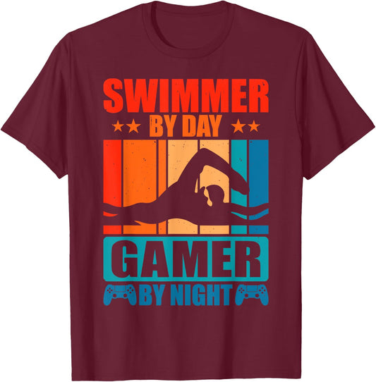 Swimmer By Day Gamer By Night - Video Game Lovers Swimming T-Shirt - T-Shirt | Maroon